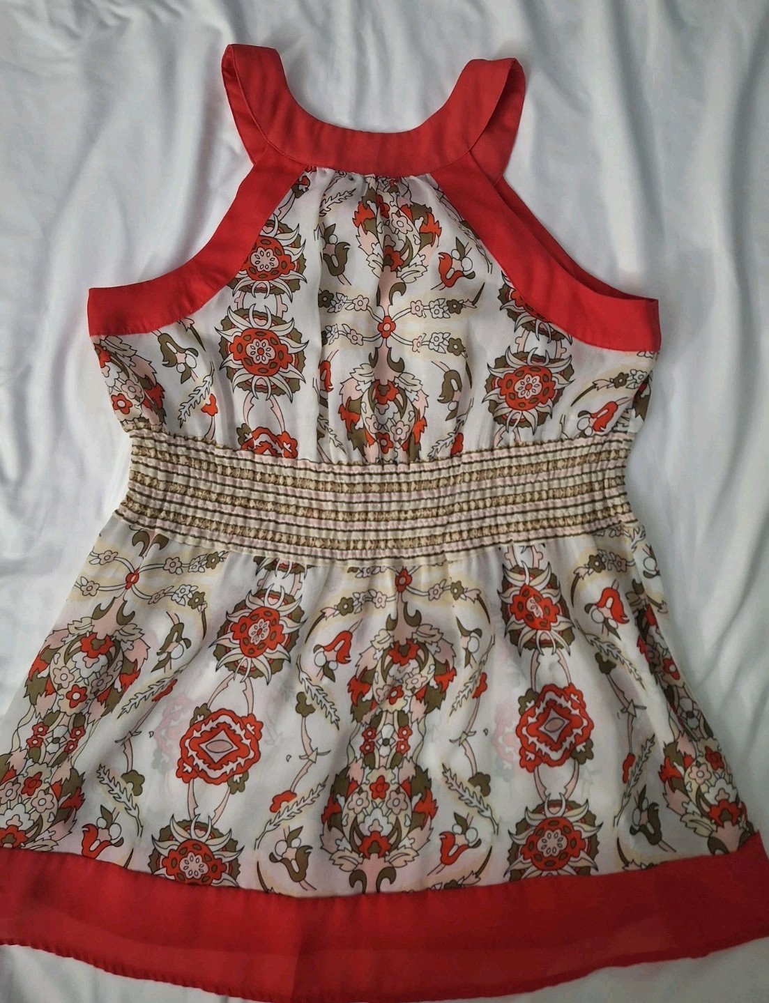 Apostrophe Women’s Floral Sleeveless Top Red Elastic Waist Smocked XL
