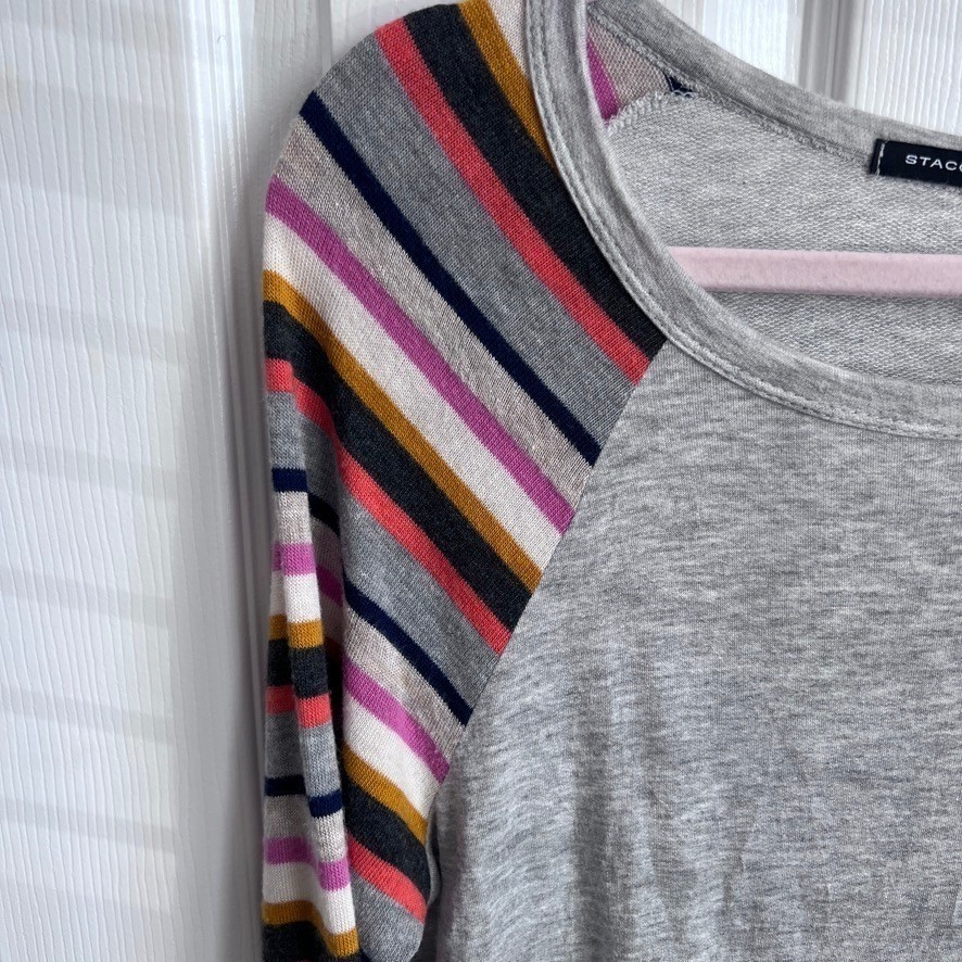 STACCATO Womens Gray Raglan Sleeve Striped Pocket Long Sleeve Top Size M
