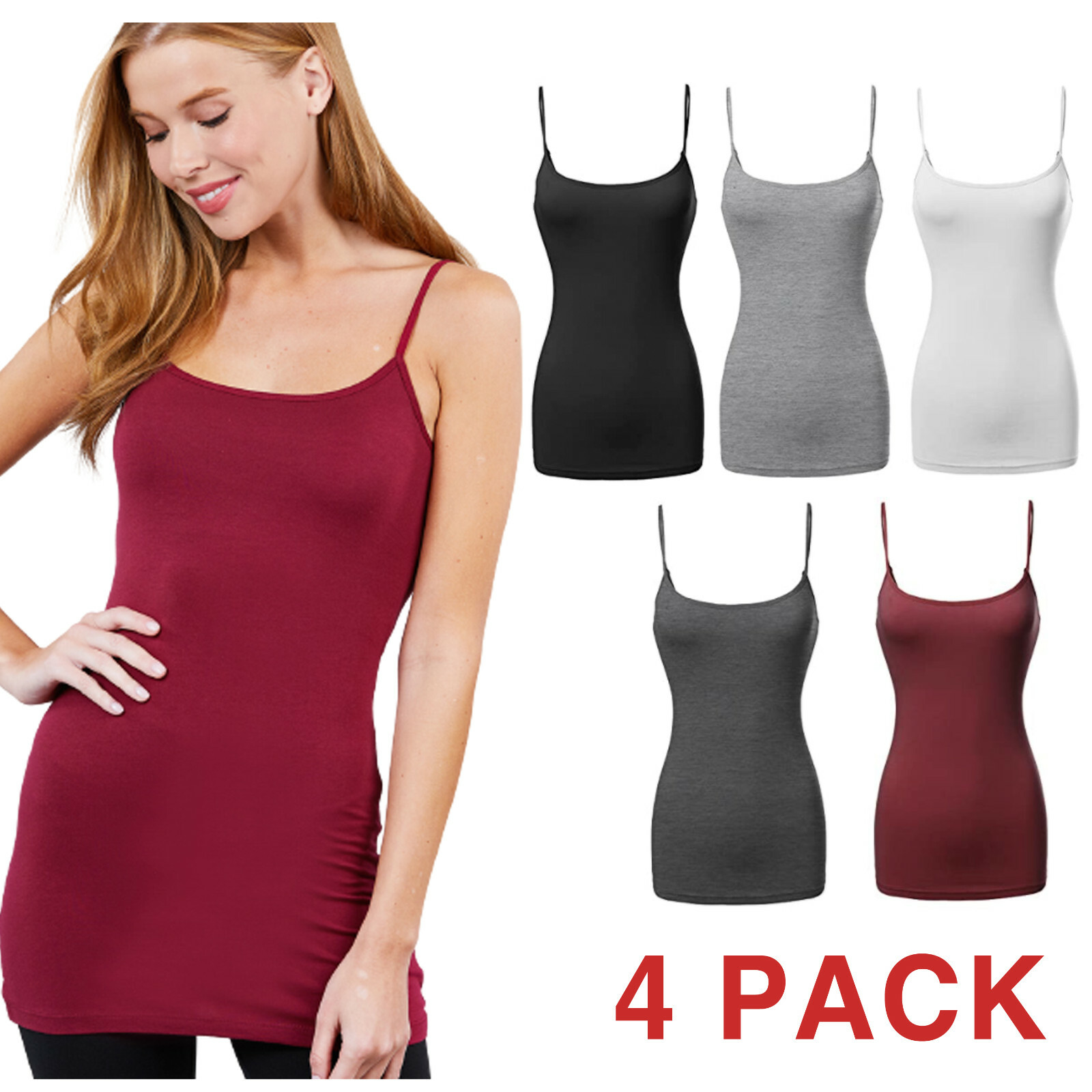 [4 PACK] Women’s Long Cami Tank Tops Fit Basic Camisole Top W/ Straps PLUS SIZES