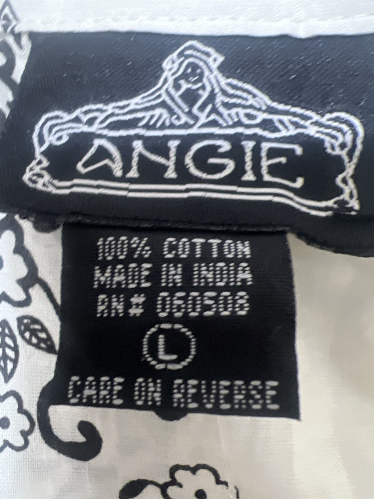 Angie Women’s Tunic Top Large 100% Cotton Off White Black Boho Tie Back NWOT
