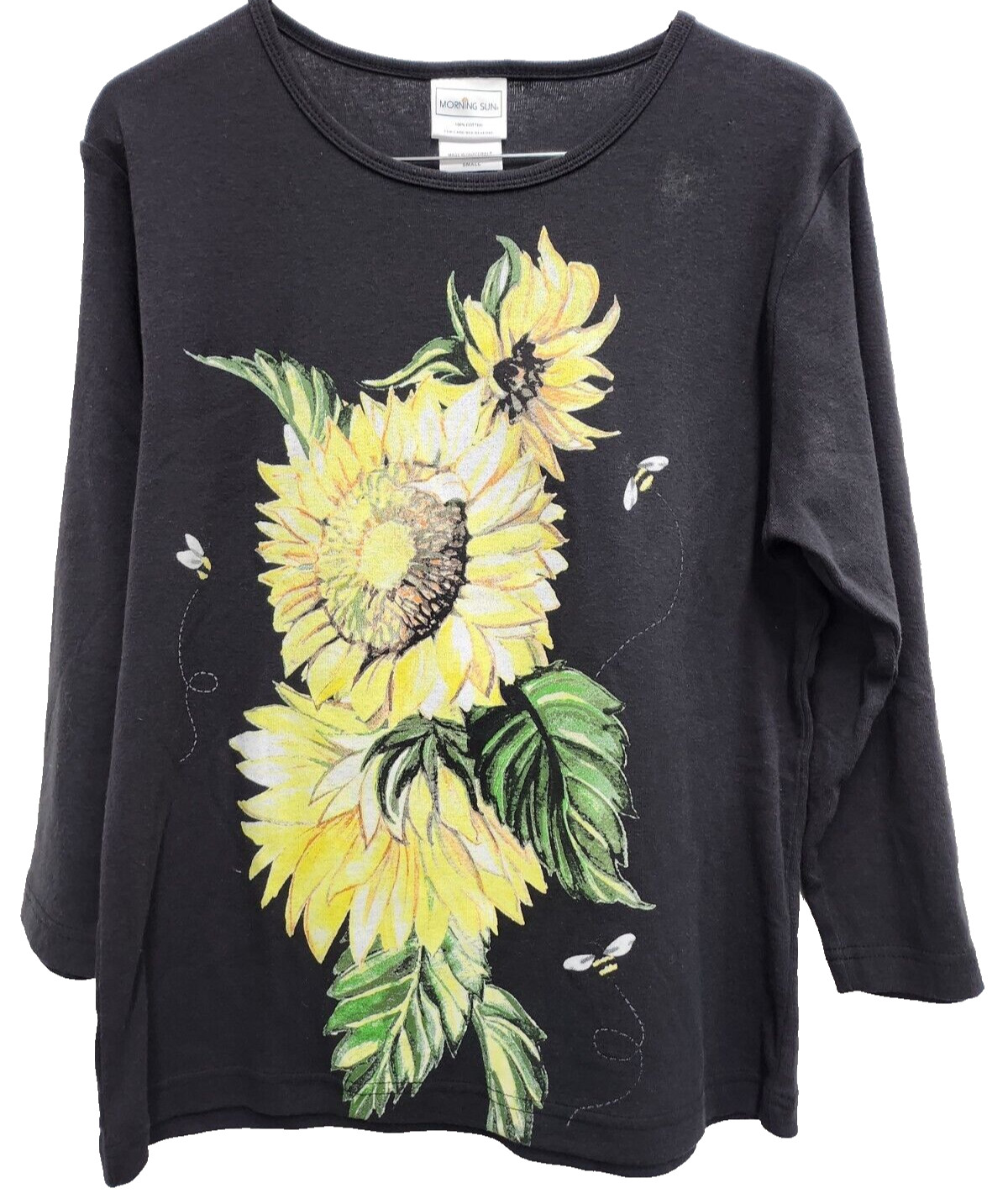 Morning Sun Womens Wearable Art Top Small Black Sunflower Print 3/4 Sleeve