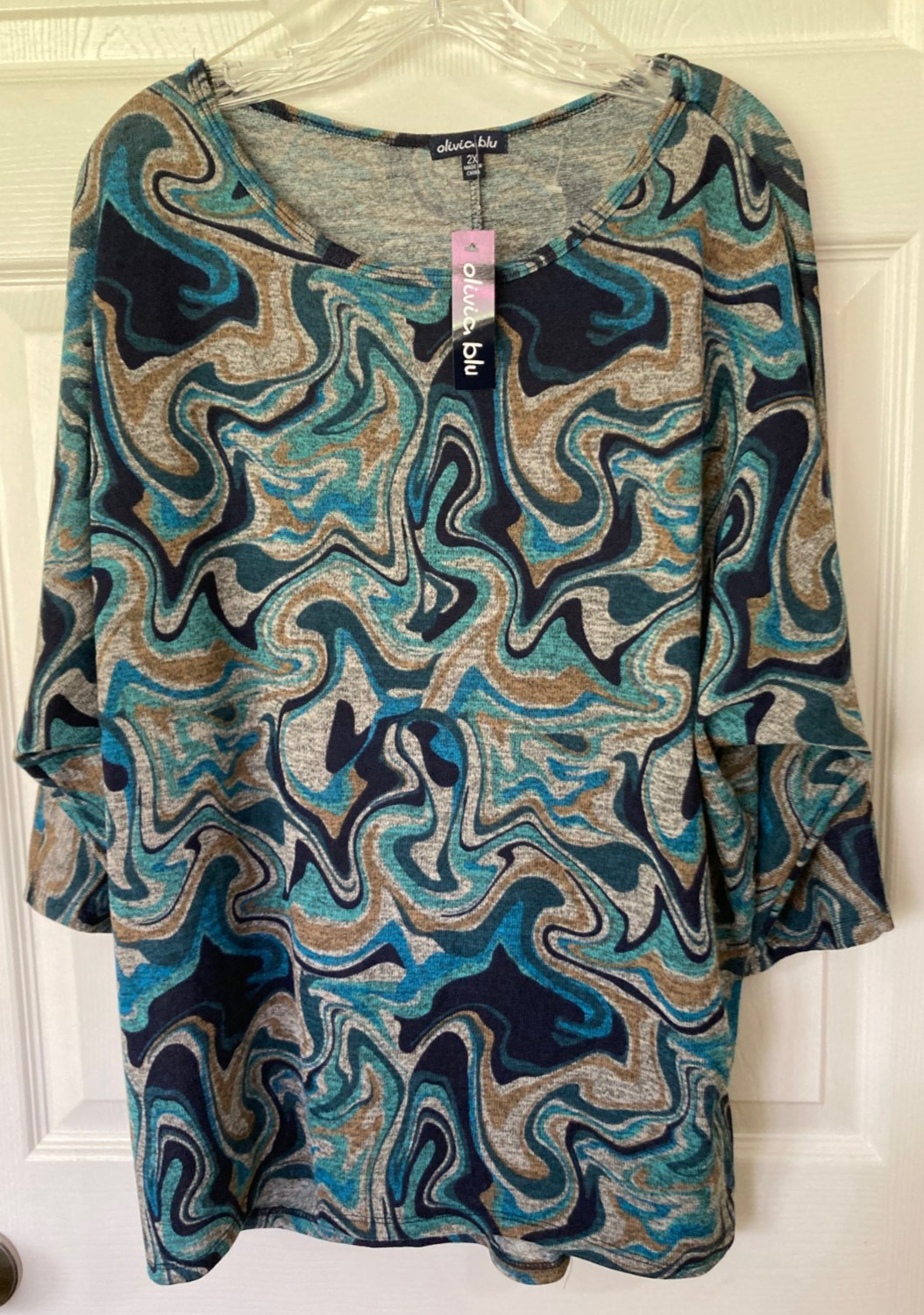 OLIVIA BLU Women’s Top Size 2X Stretch New Abstract Artsy Swirl Abstract Ribbed