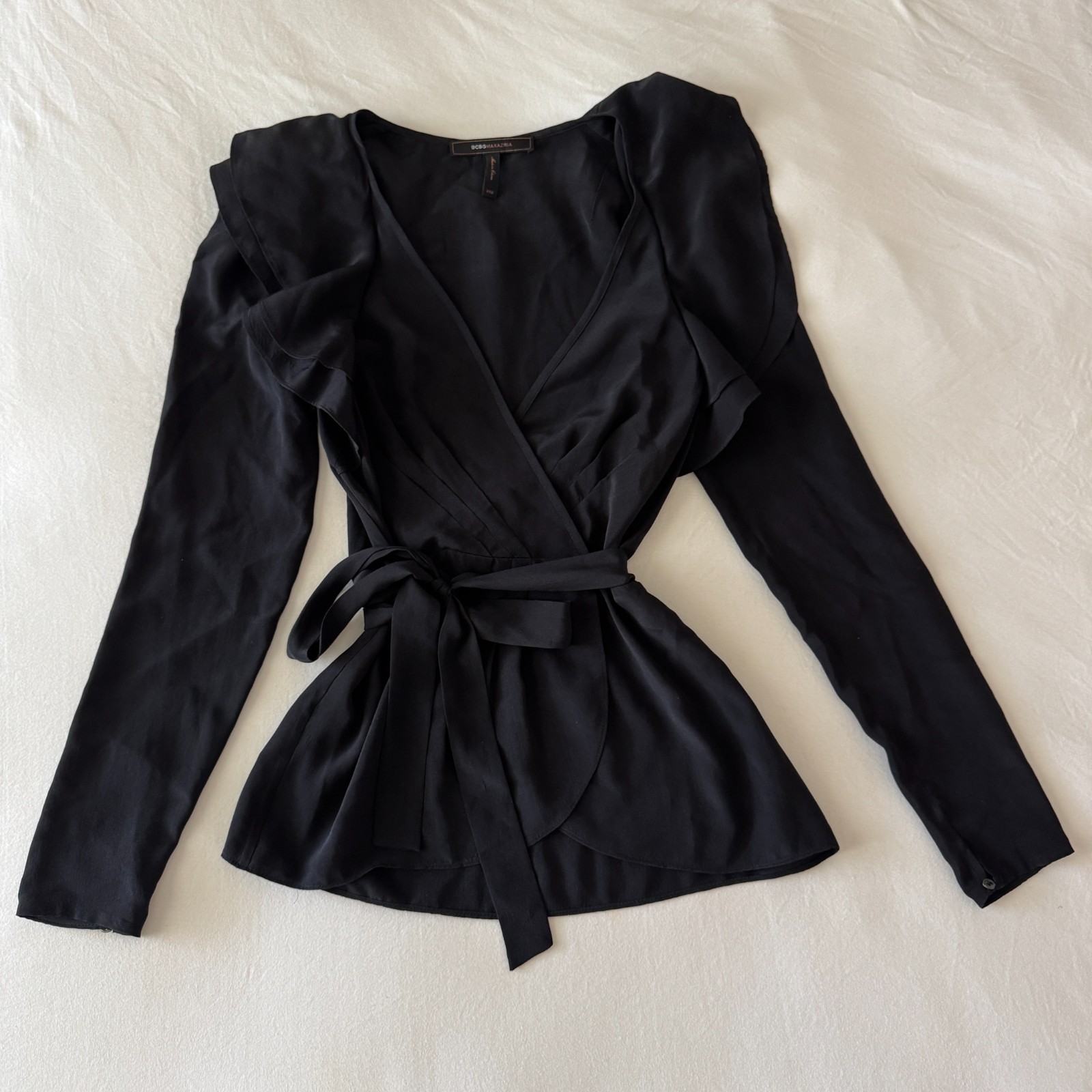 BCBGMaxAzria Black 100% Silk Semi Sheer Ruffle Top XXS Pleated V neck Tie Waist