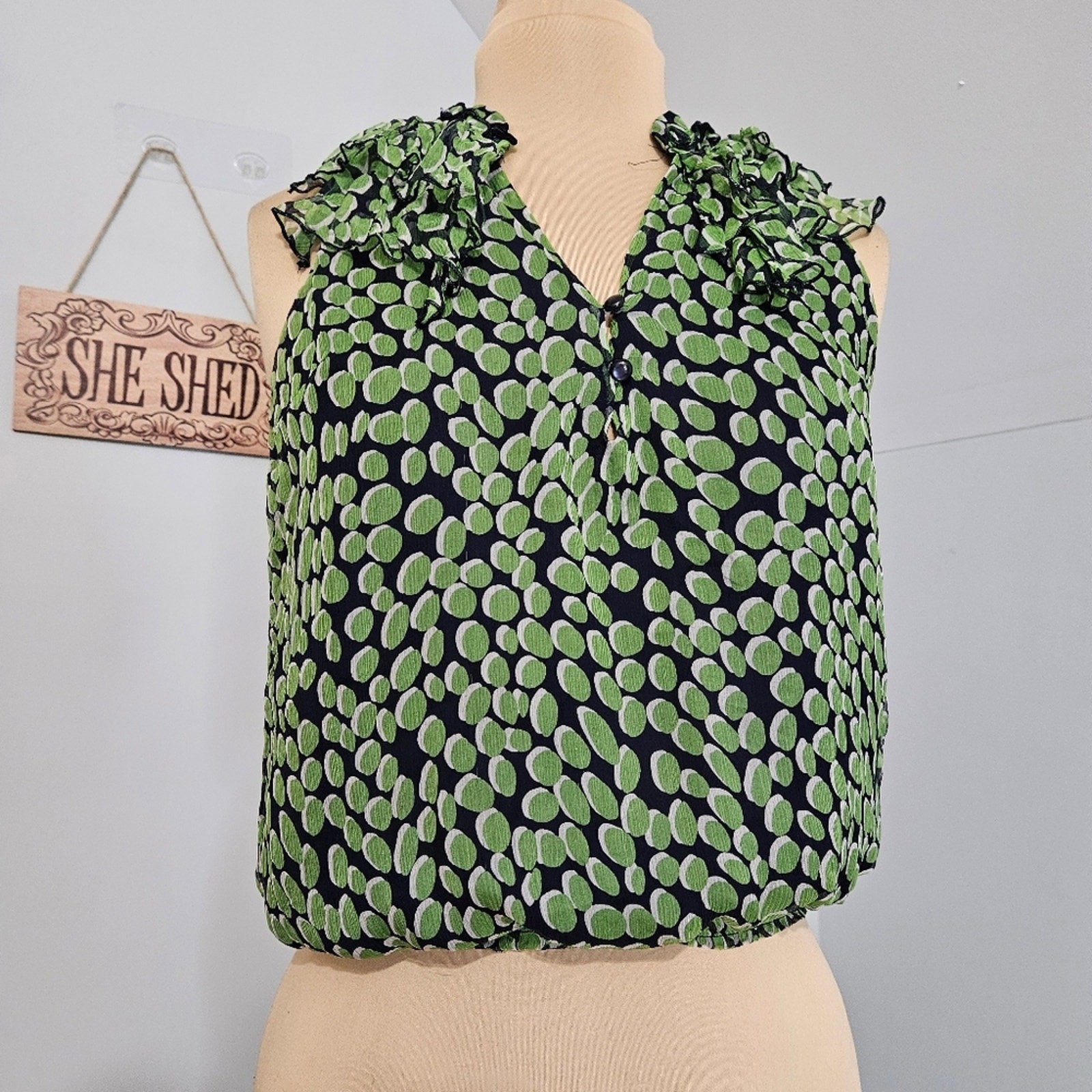Elena Solano Top 100% Silk Womens Medium Green Blue Ruffled Sleeve Smocked Waist