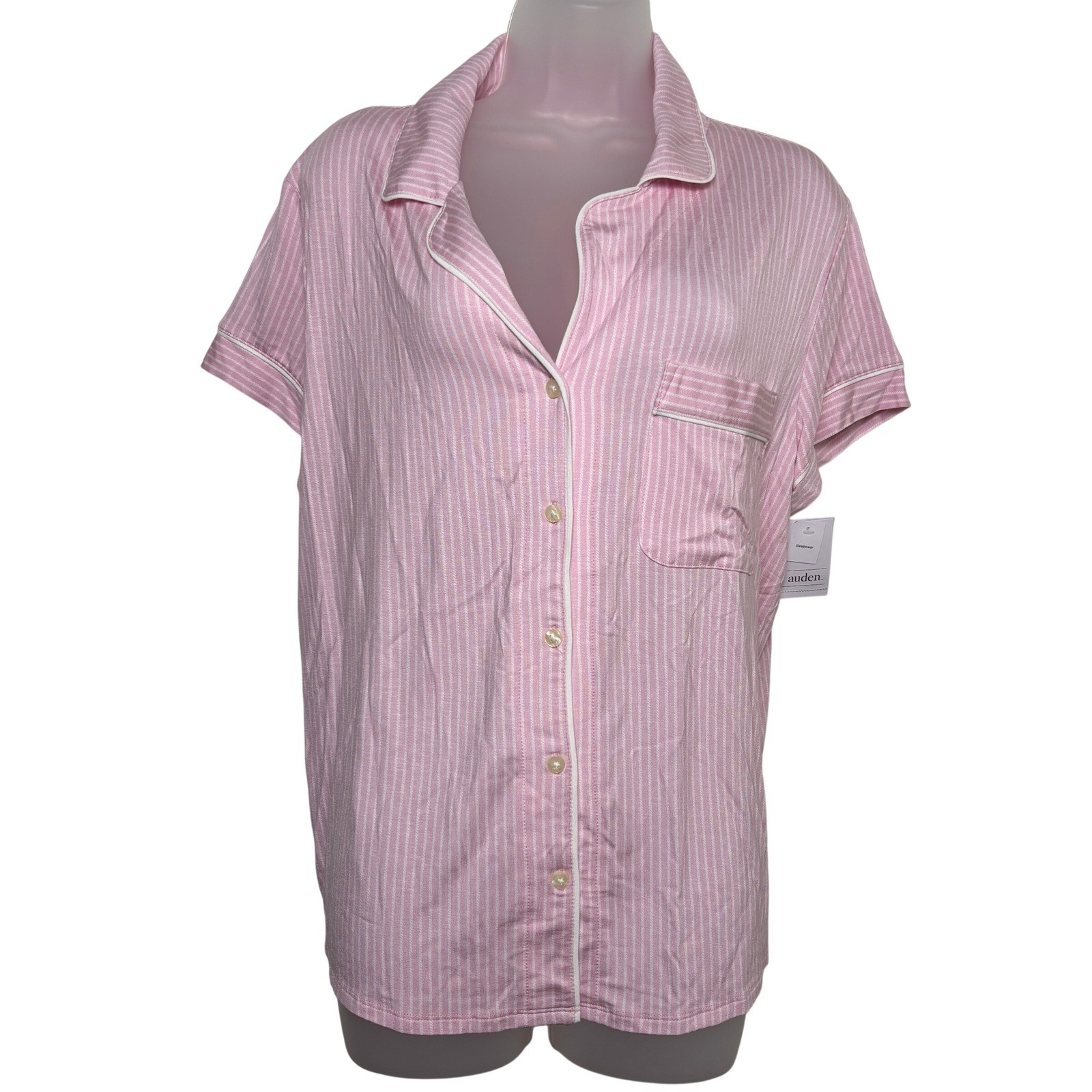 NWT Auden Pink Striped Short Sleeve Drawstring Pajama Top Pants Set Women Large