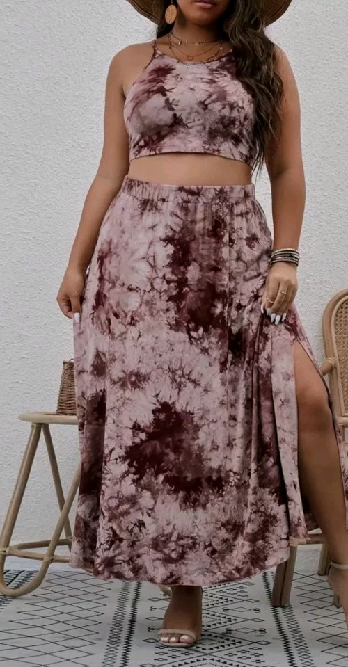 Women’s Plus Burgundy Tie Dye Cami Top & Split Thigh Skirt Size 1X