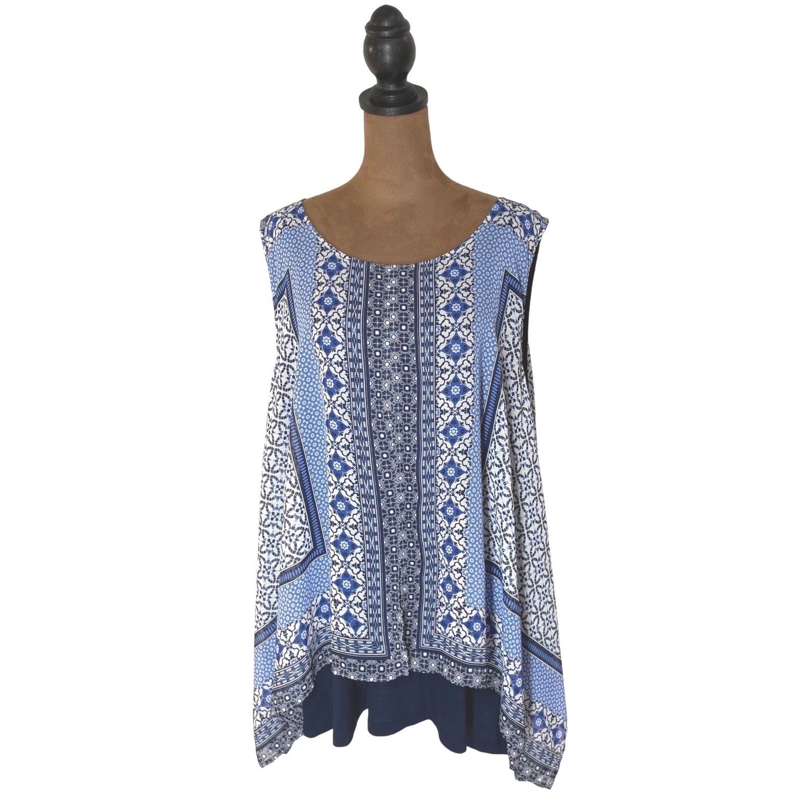 ALYX Women 3X Blue Geometric Tile Print Sharkbite Hem Layered Tunic Tank Top