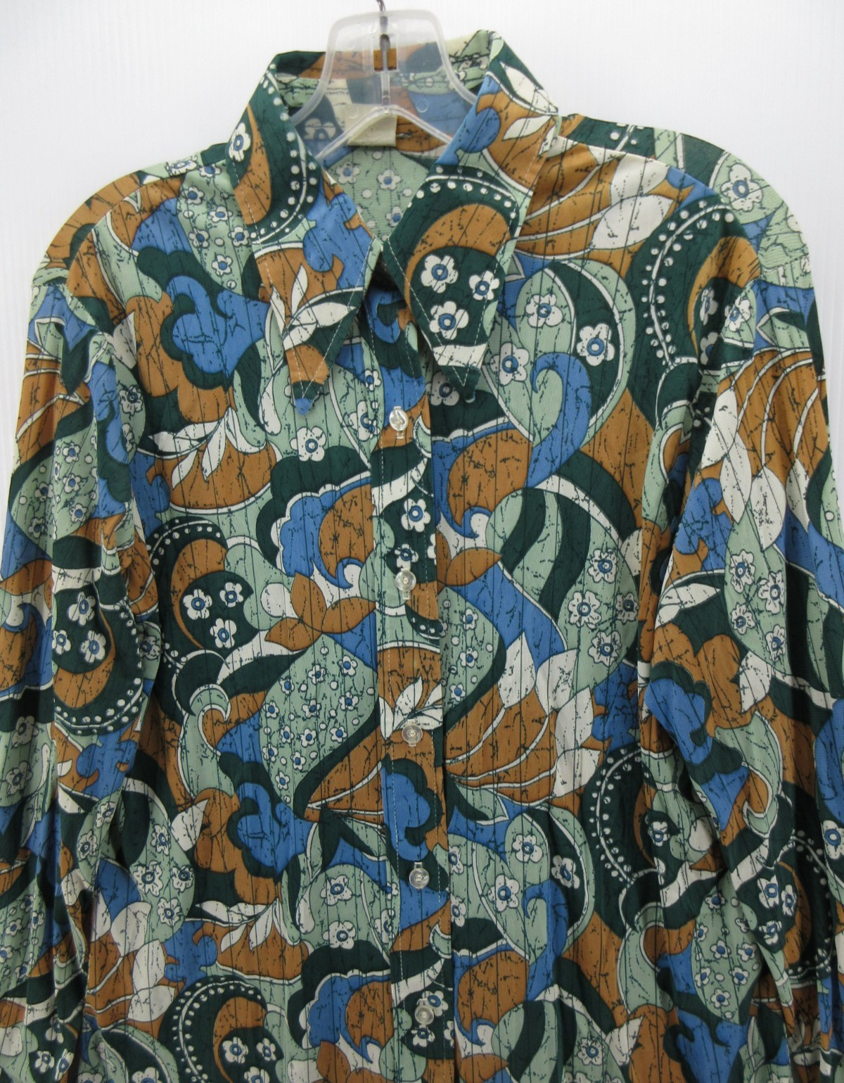 VGT Top Women Large Green Shirt 70s Disco Mod Arnel Leisure Psychedelic Floral