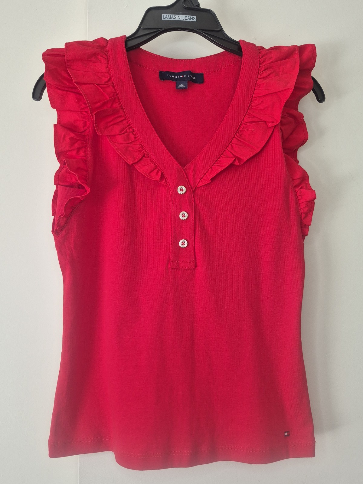 Tommy Hilfiger Blusa Roja Sin Mangas Cuello V Con Volantes En Manga Y Cuello XS