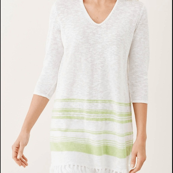 J. Jill Linen Blend White Tunic Top Green Stripe with Fringe Sz S