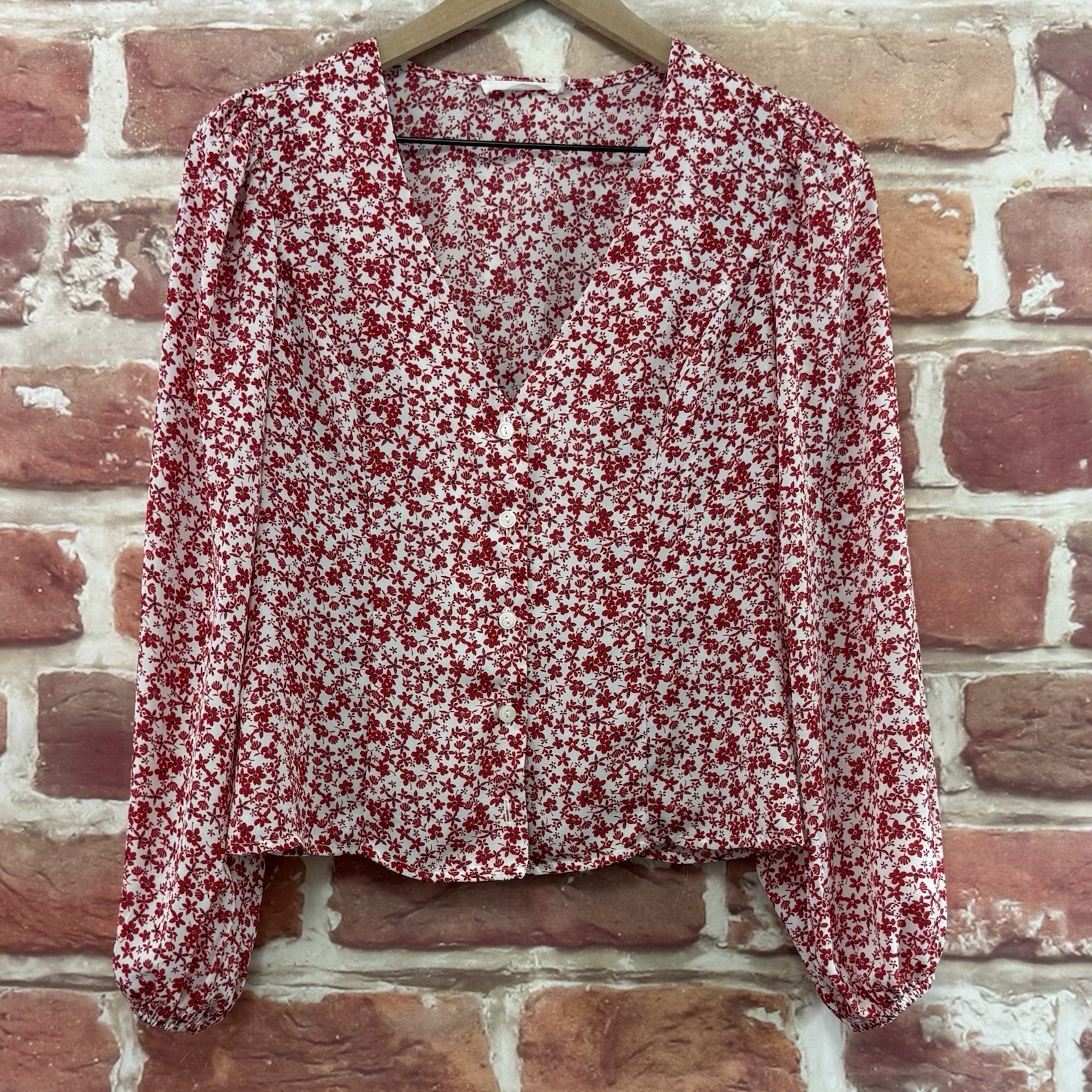 Lush Top Womens S Red White Cottage Ditsy Floral Peasant Sleeve Button Up Shirt
