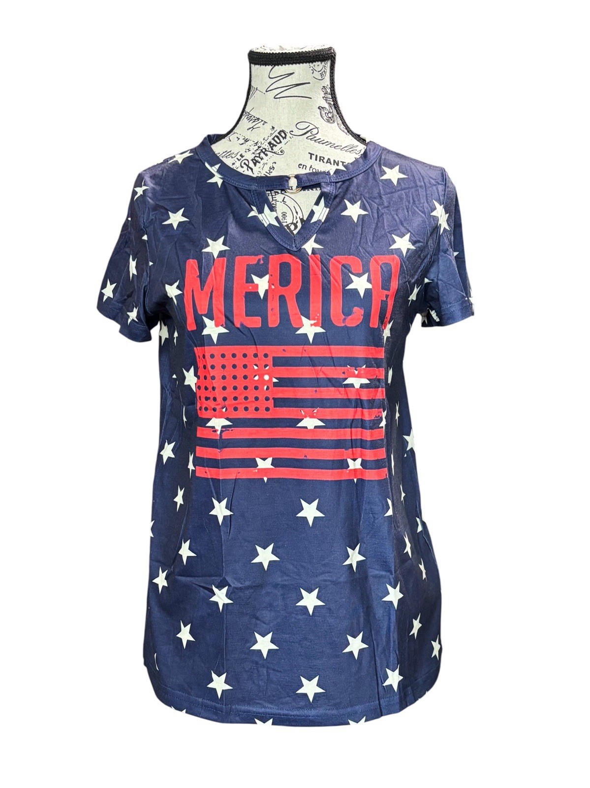Blue American Flag Shirt, Size S, Short Sleeve, Poly Spandex Blend