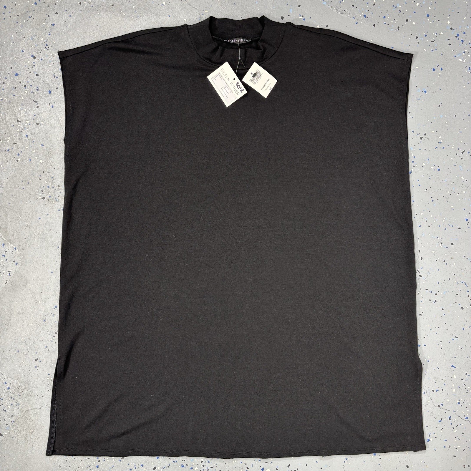 EILEEN FISHER Black Stretch Jersey Long Top Mock Neck Boxy Fit Thigh Length S