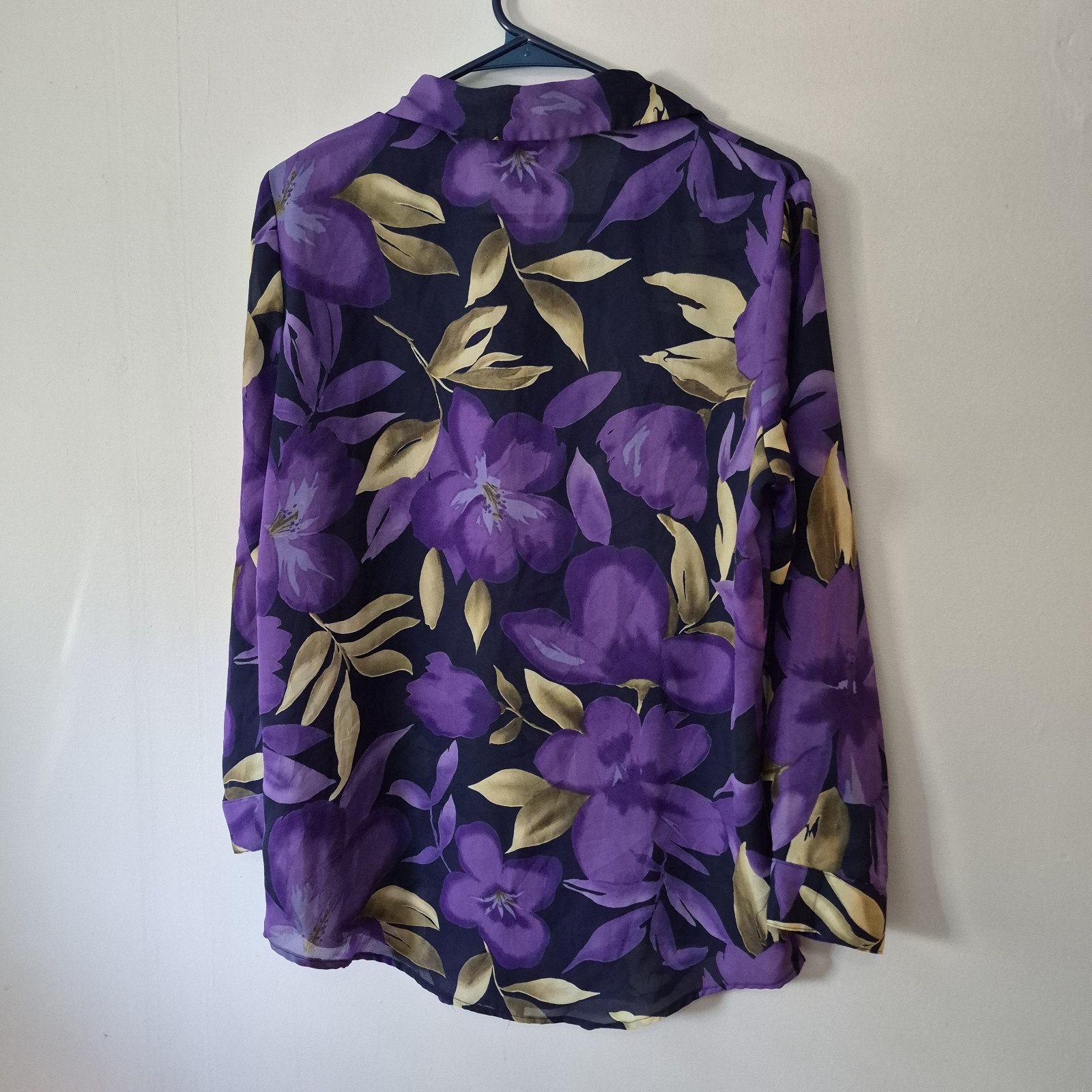 Black Purple Green Floral Button Up Size S Sheer Dark Romantic Fall