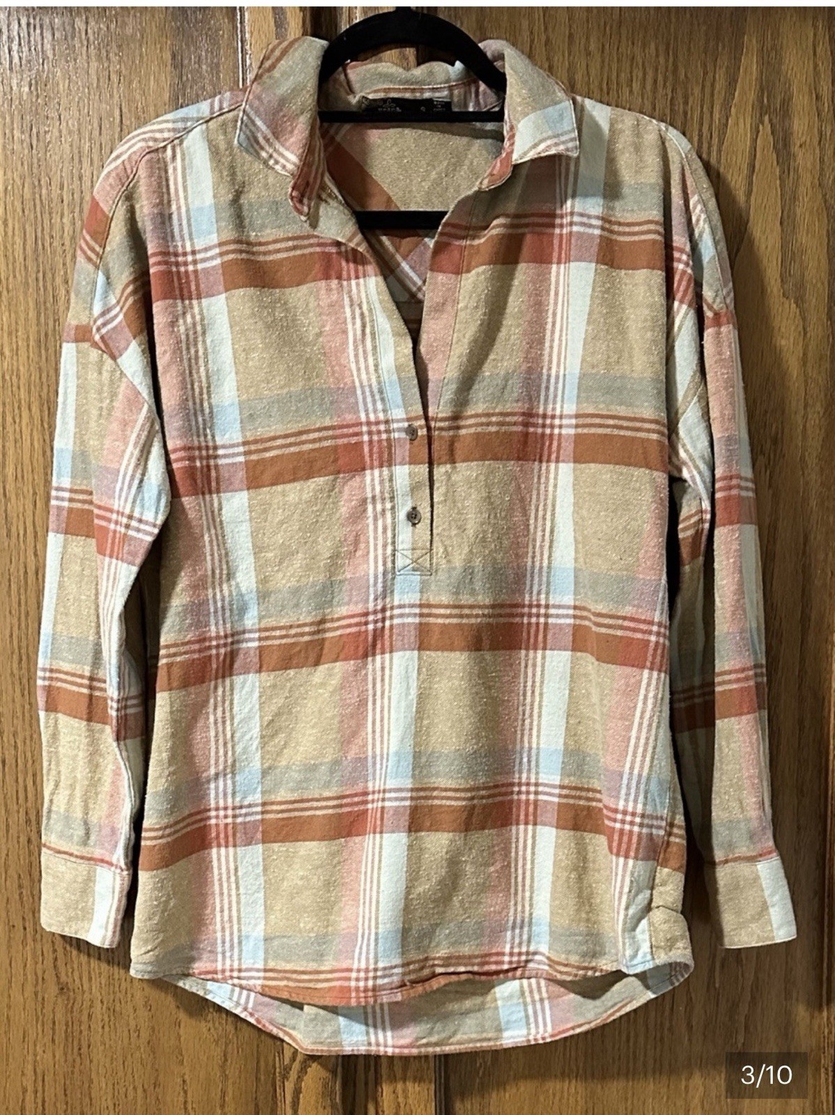 PrAna Dante Women’s Flannel Popover Organic Cotton / Hemp Blend Sz S Rust Plaid