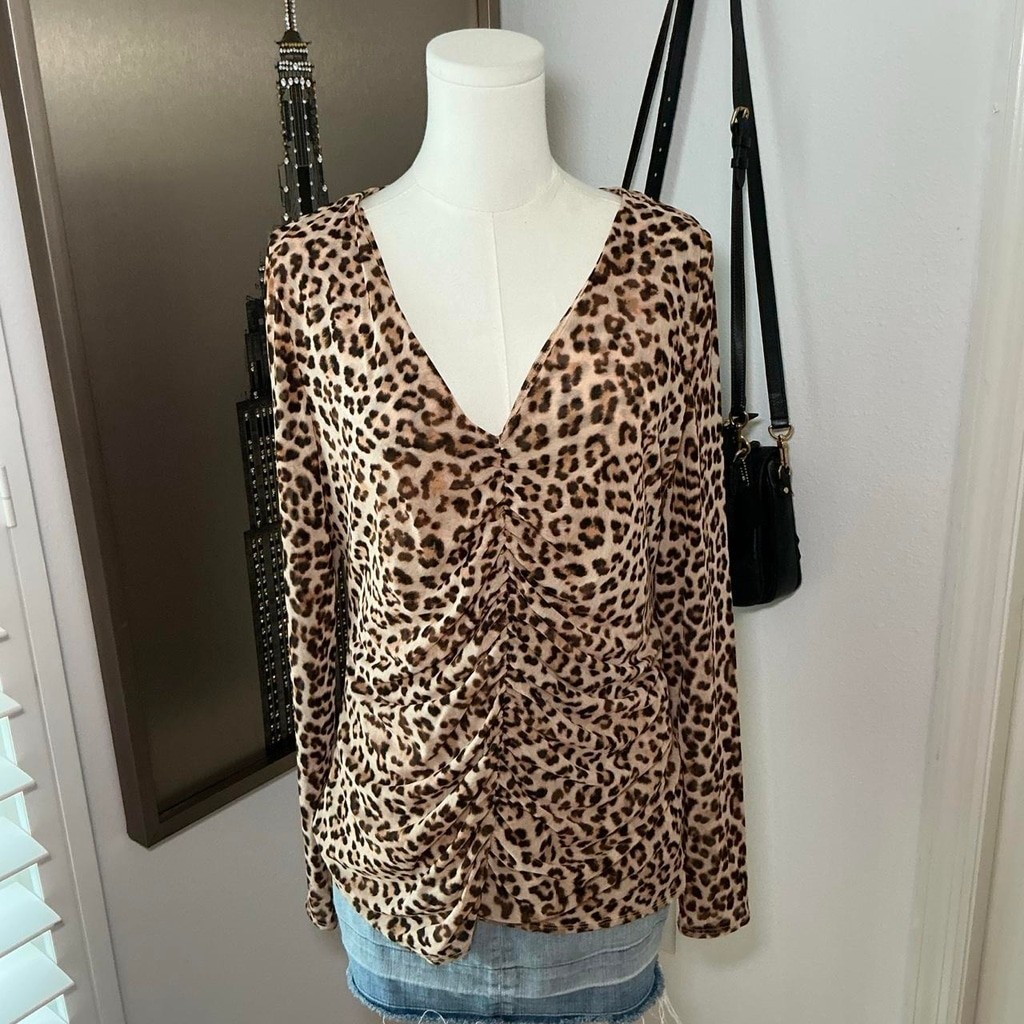 INC International Concepts Leopard Print Ruched Mesh Top XL