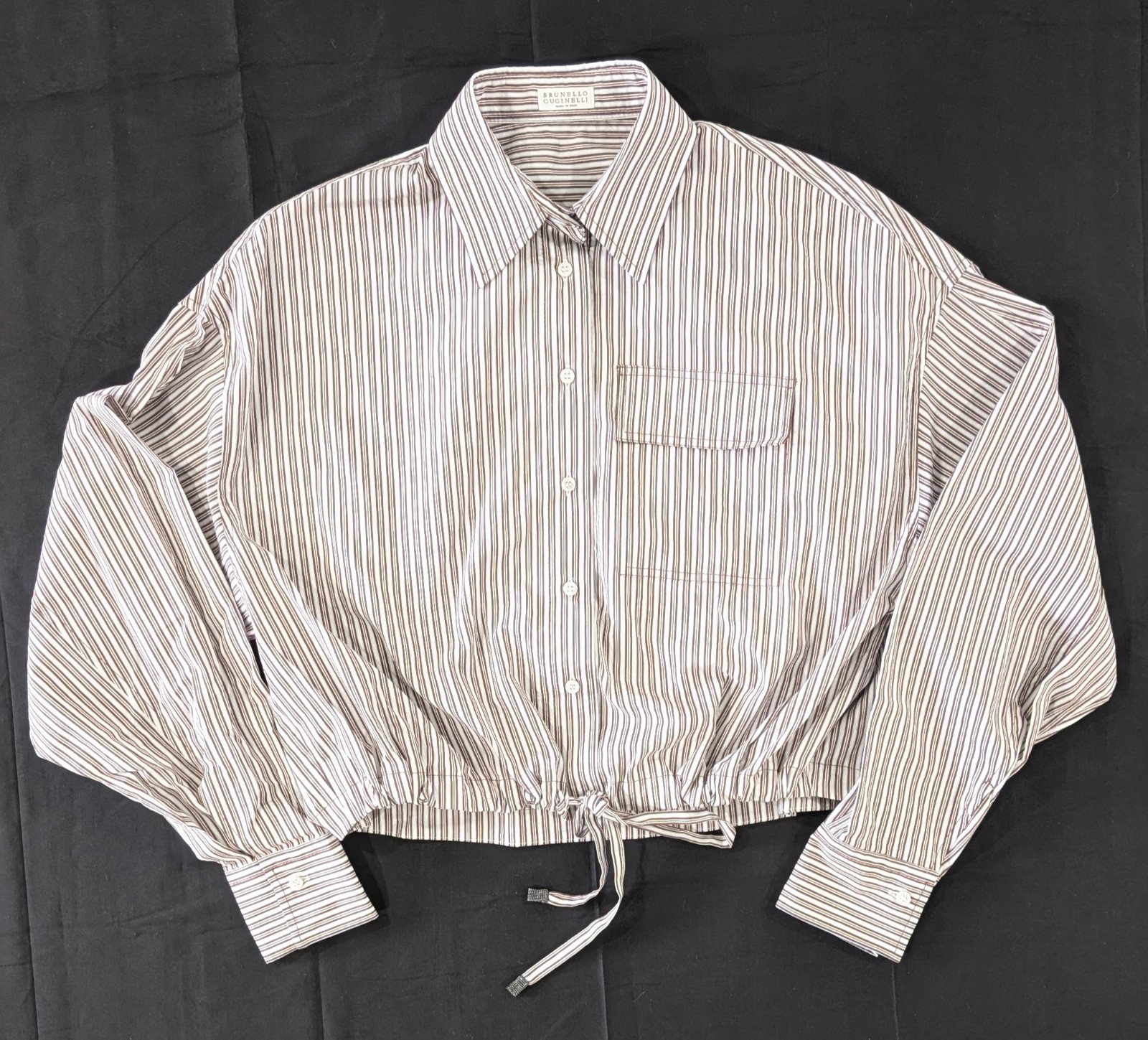 Brunello Cucinelli Striped Silk Cotton Crop Blouse Shirt S White Bordeaux NWT