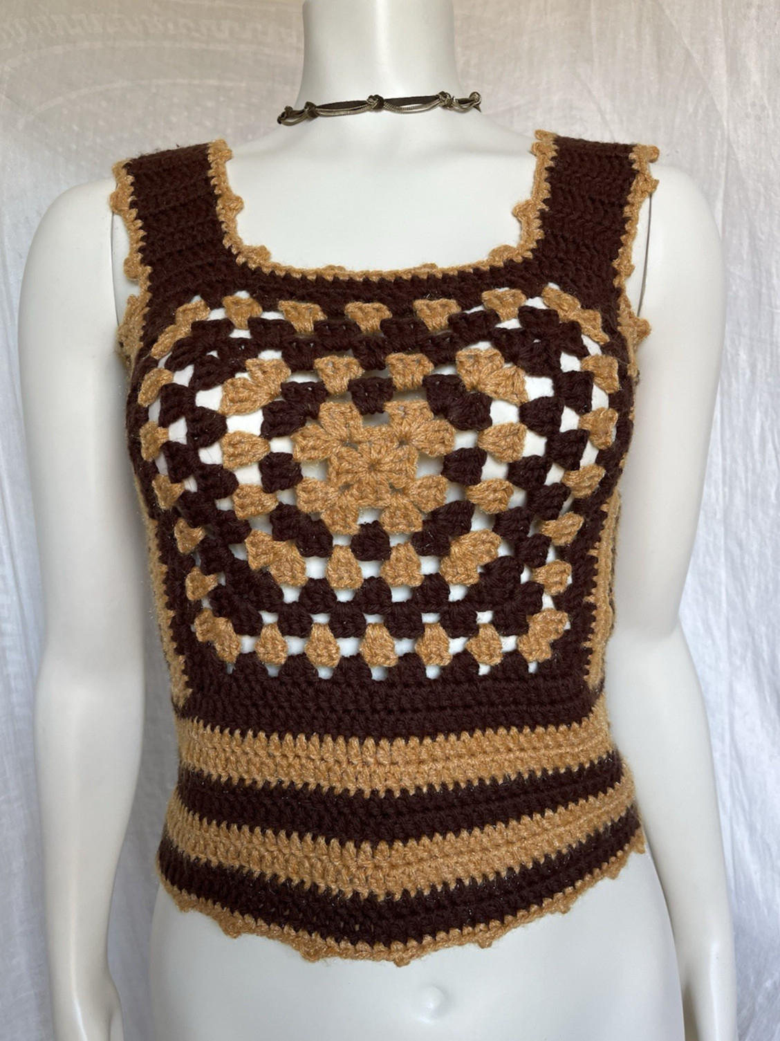 Vintage 70s Crochet Knit Camisole Top Hippie Festival Brown Cottagecore Boho XS