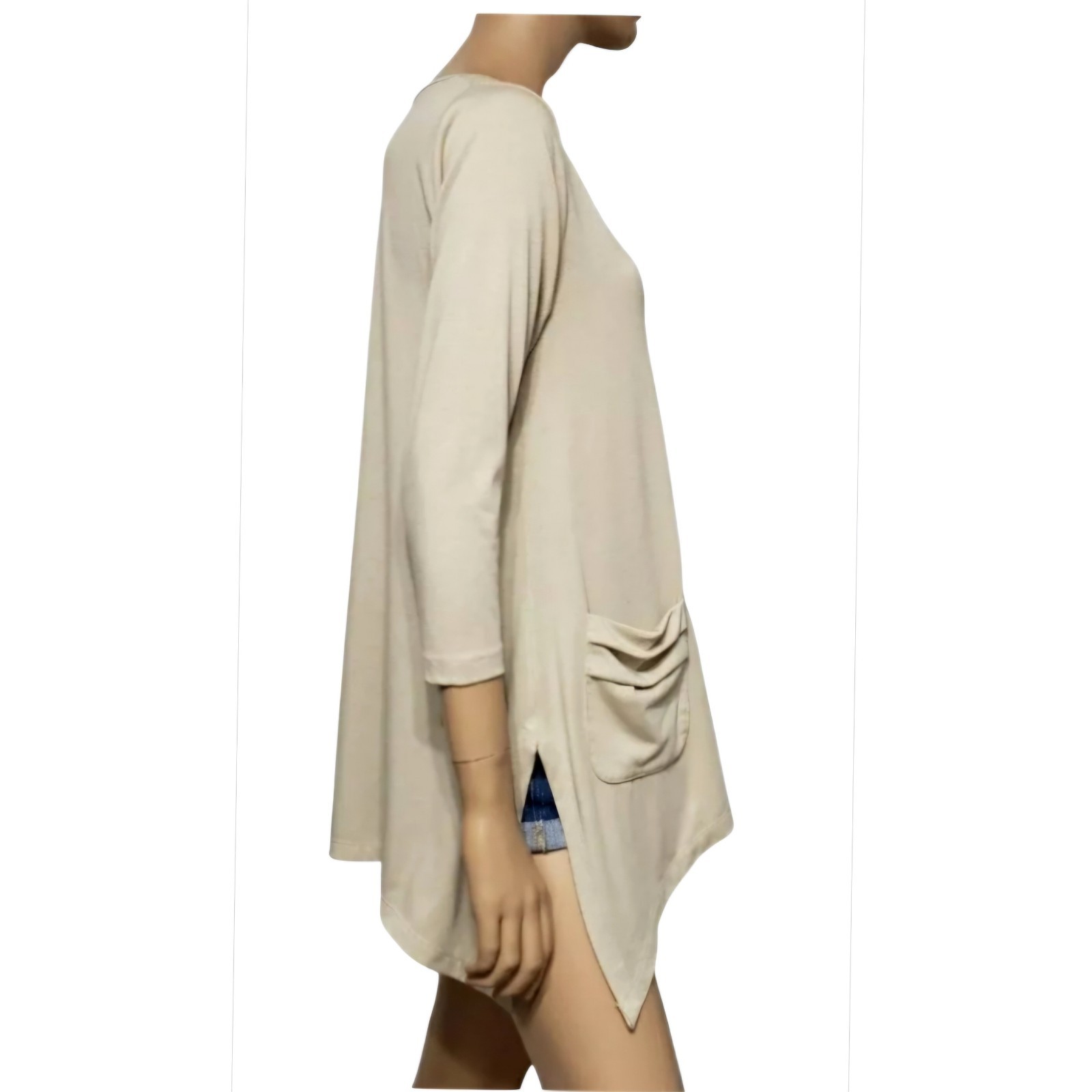 AUGUST SILK Tan Pullover Stretch Knit Tunic Top 3/4 Sleeve w/Pockets size Medium