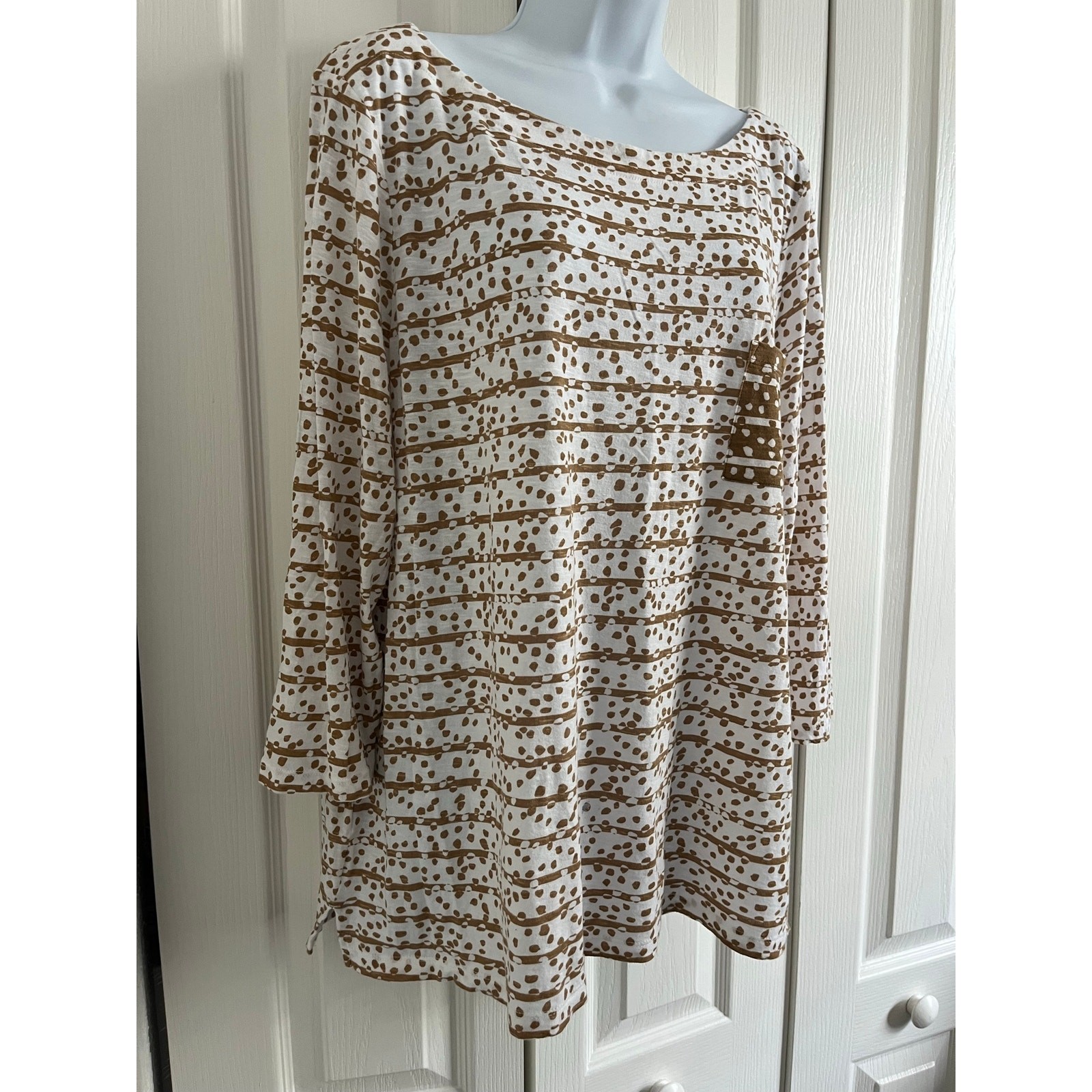 LOFT Outlet XL Brown Ivory Abstract Print Top Boat Neck Pocket Lightweight 3/4