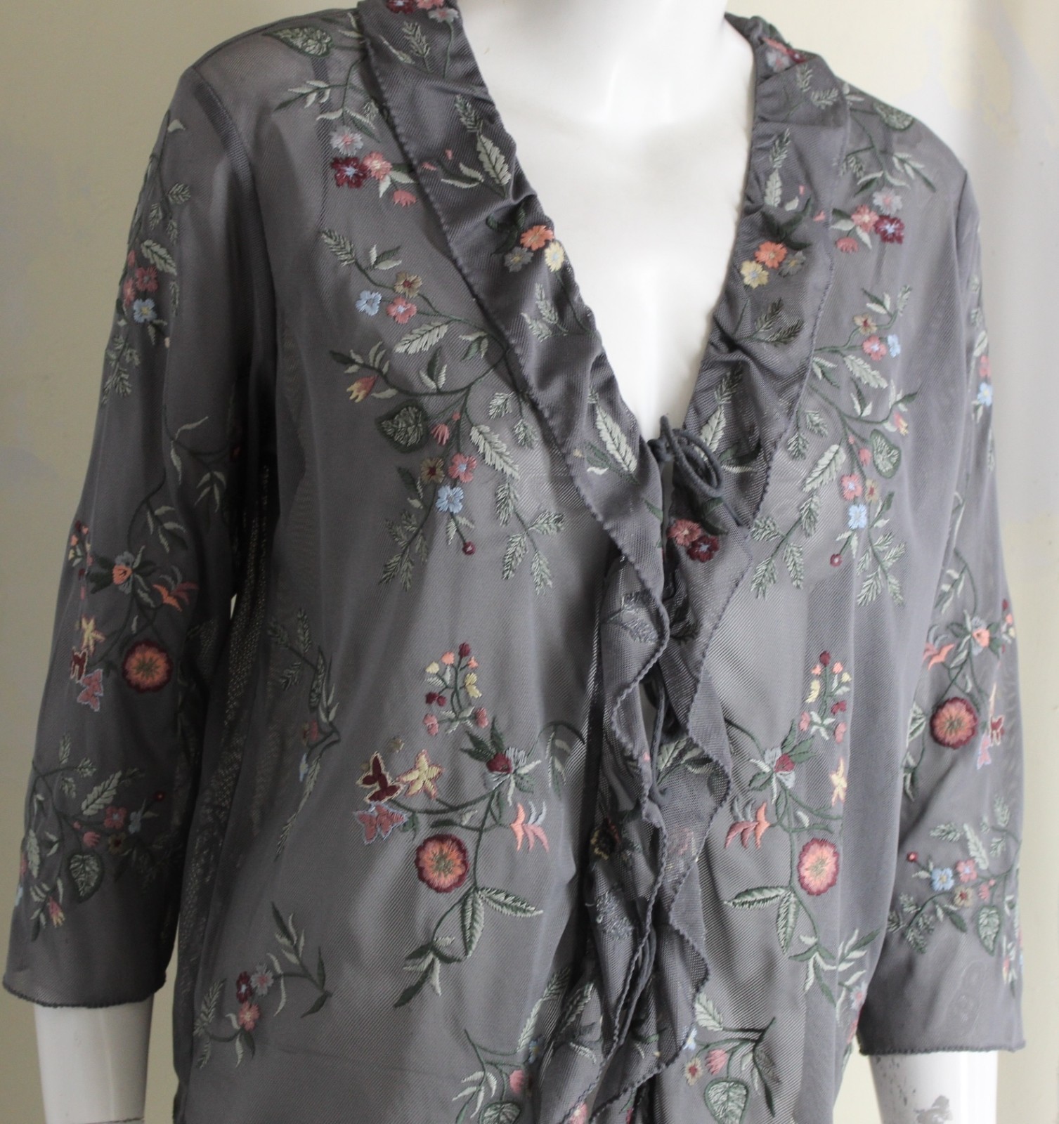 j.jill S Gray Vintage Frilly Embroidered Feminine Mesh Cardigan Topper Jacket