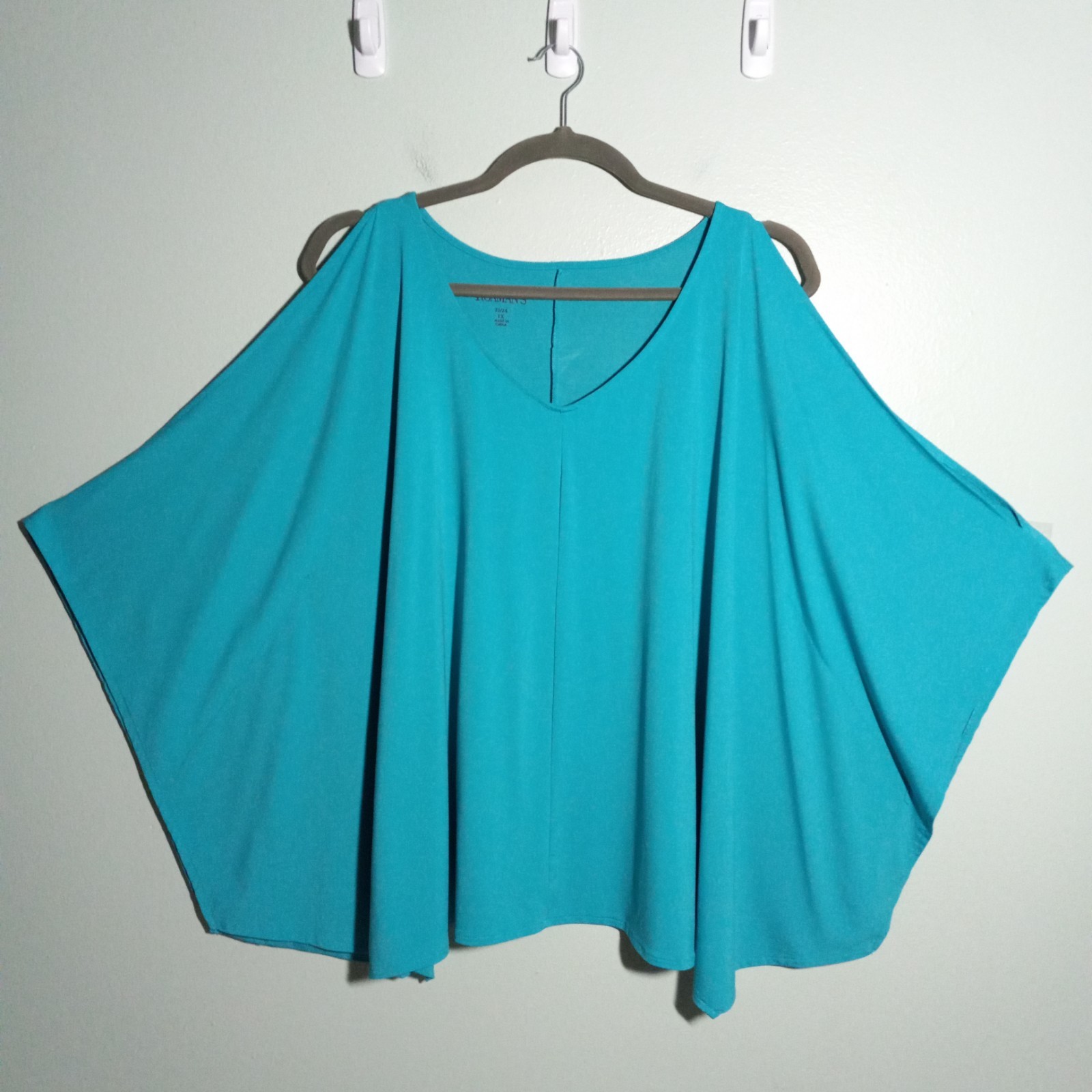 Roamans Poncho Top size 1X 22 24 Knit Turquoise Blue Relaxed Beach Modern *snags