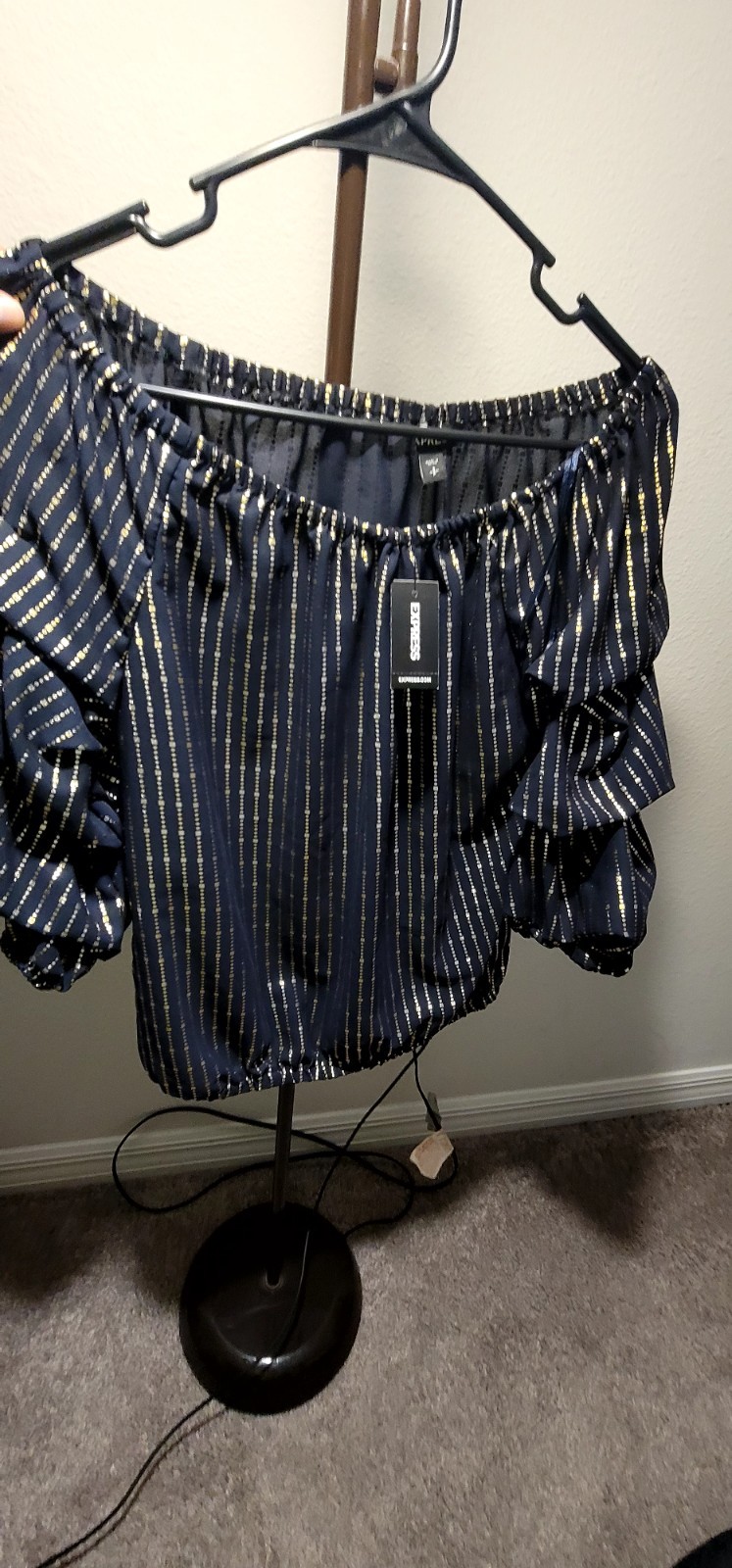 Express Off-The-Shoulder Black/Gold Striped Ruffle Sleeve Blouse Top Size S
