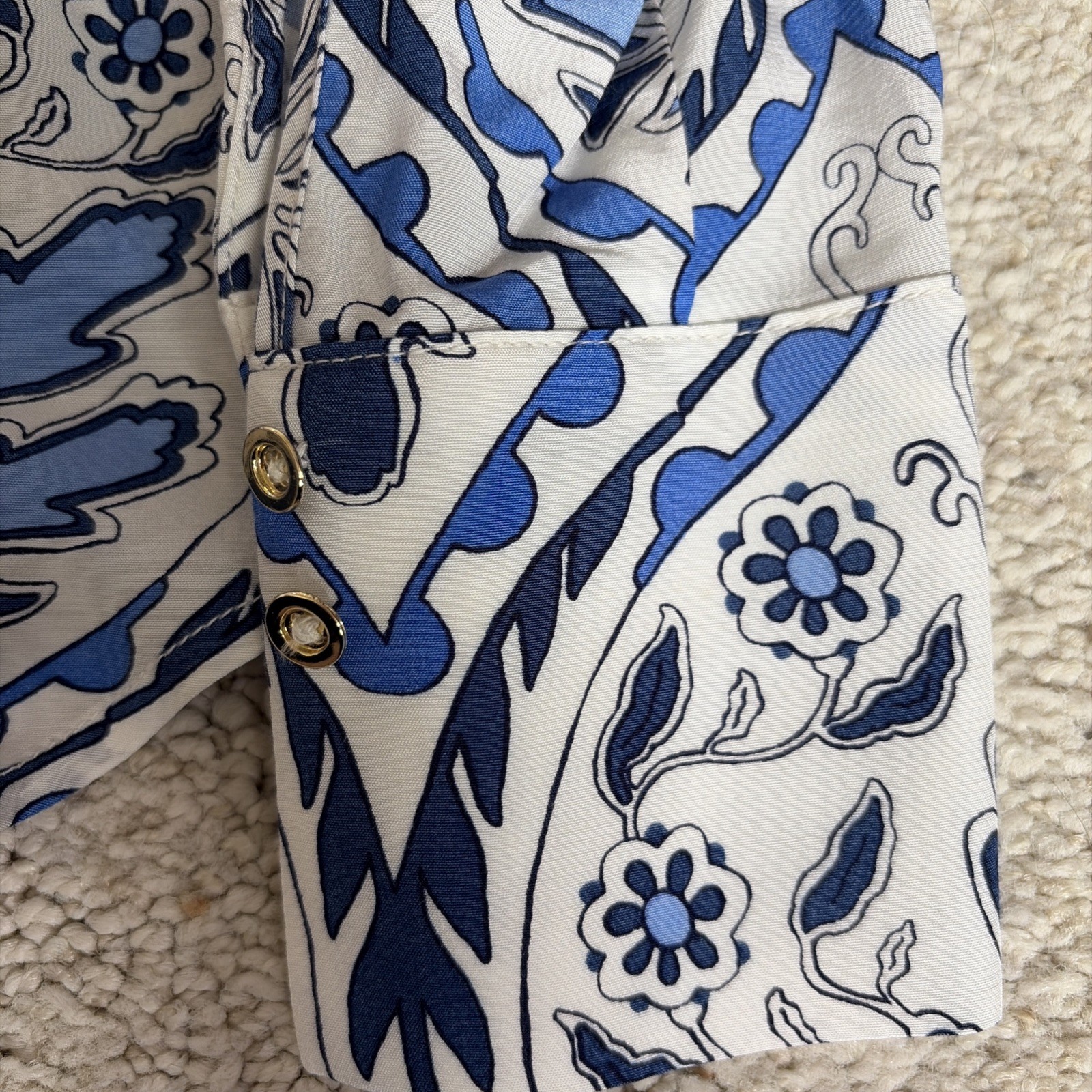 NWT Talbots Petite S Blue White Print Blouse V-Neck Barrel Cuff Lightweight Top