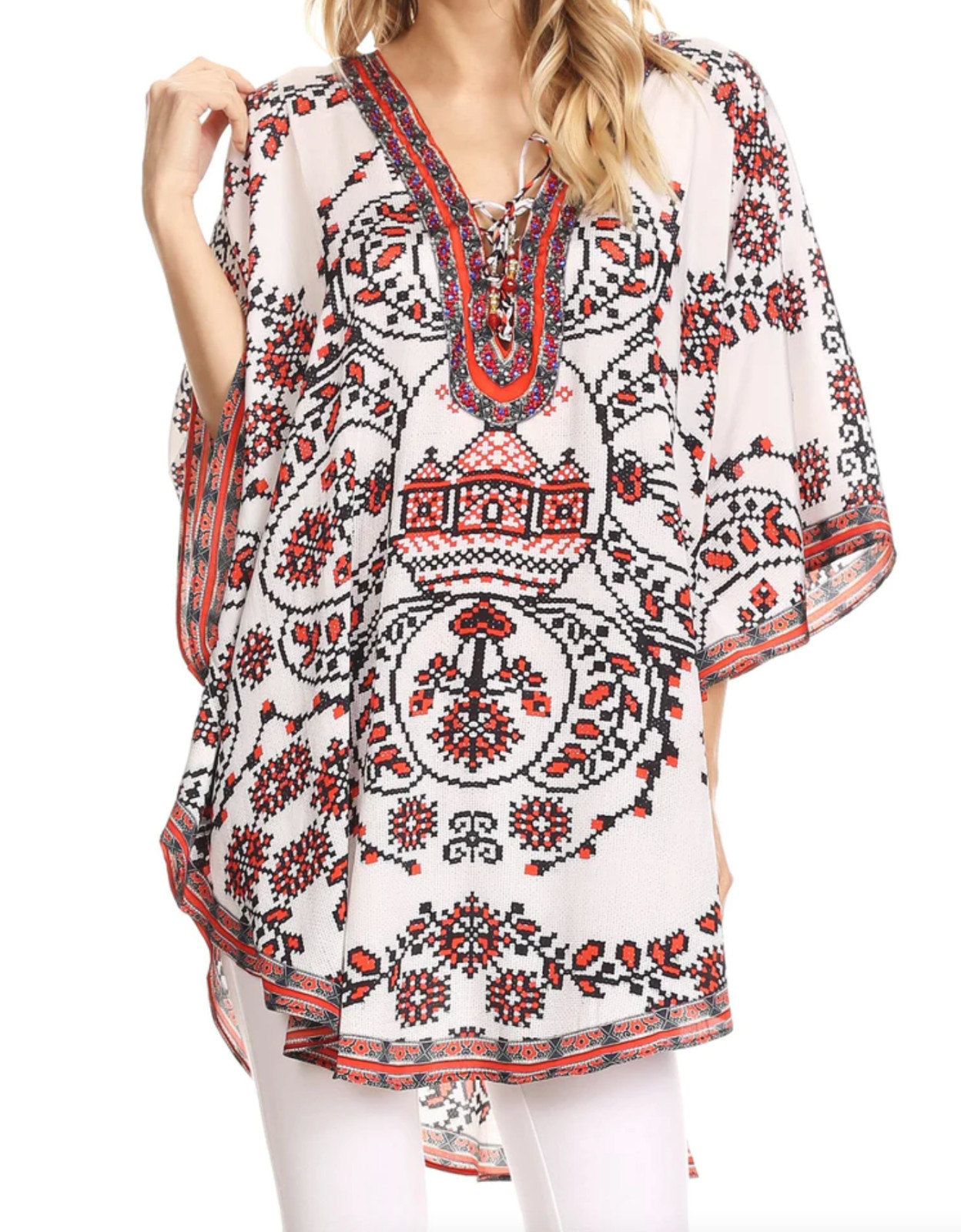 SAKKAS Tallulah Circle Blouse Poncho Lightweight Red White Rhinestone Tunic EUC