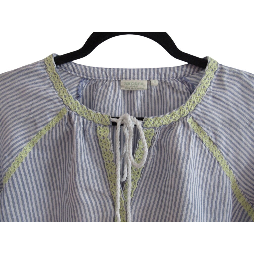 Spartina 449 Carlen Seersucker Tassel Tie Tunic Top Blue White 100% Linen Small