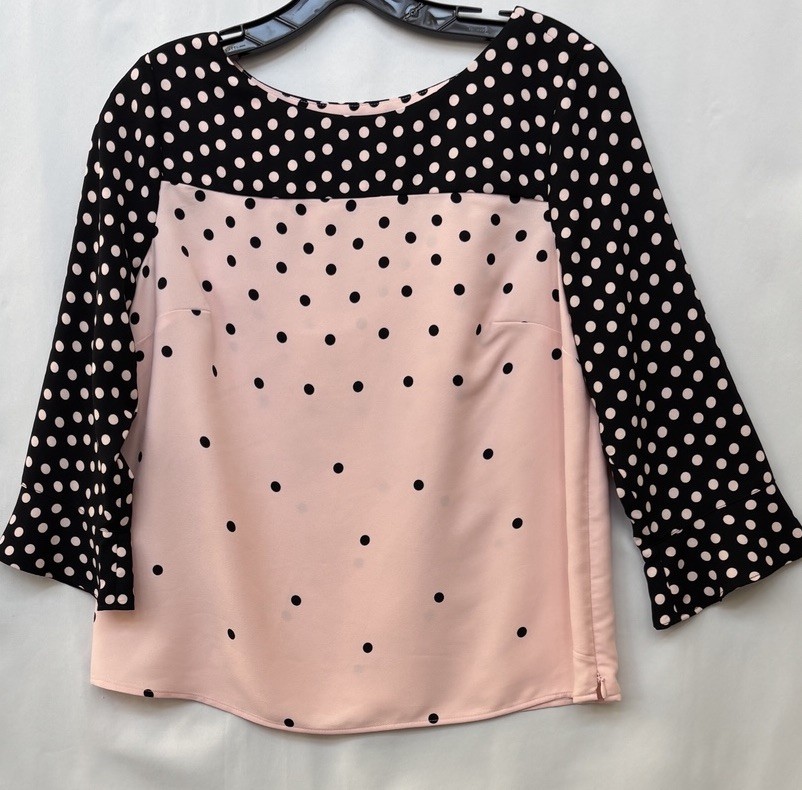 Talbots Petites Sp Pink/Black Polka Dot 3/4 Sleeve Boat Neck Woven Blouse