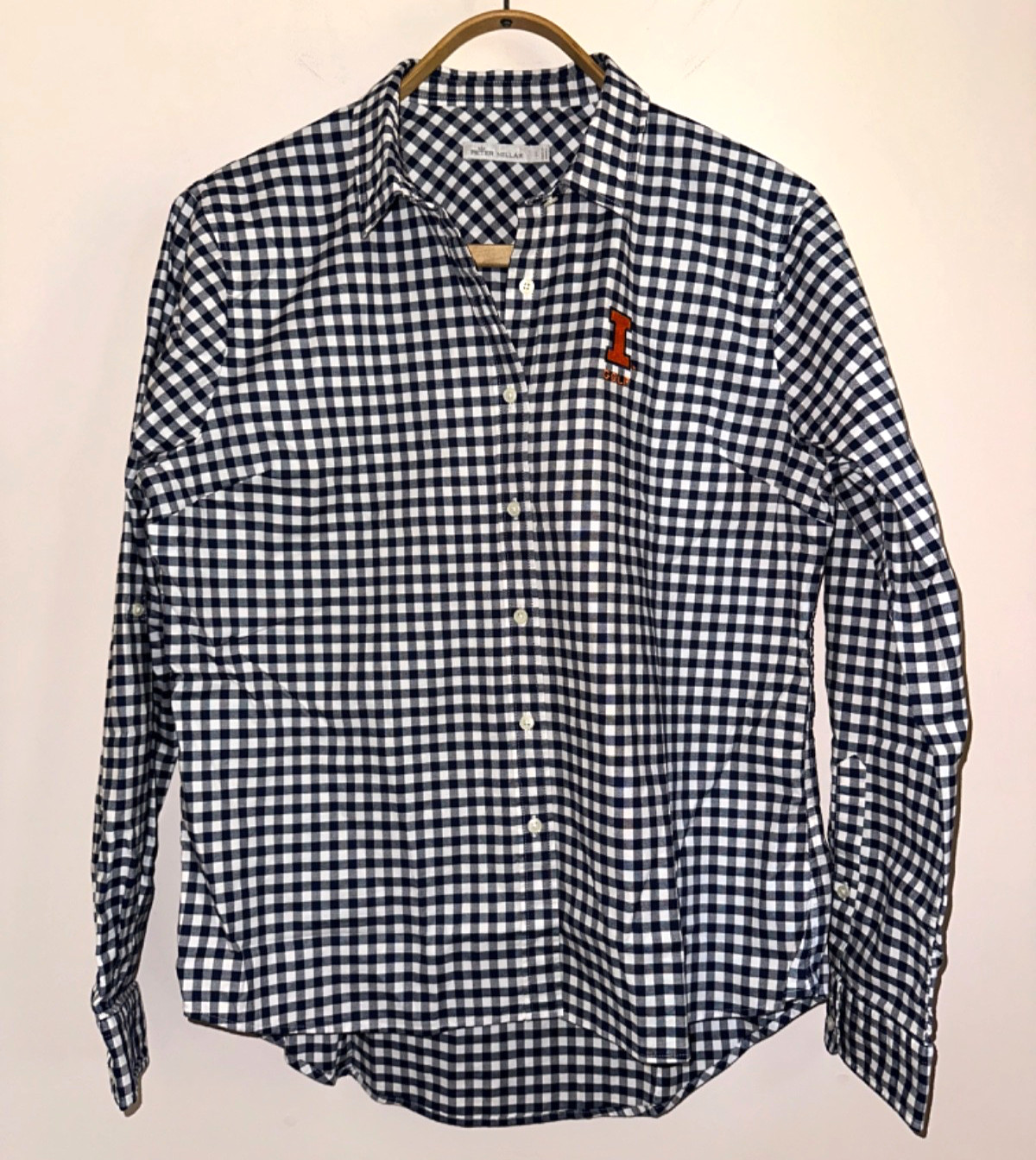 New PETER MILLAR Women’s blue gingham stretch button down shirt sz L U of I Golf