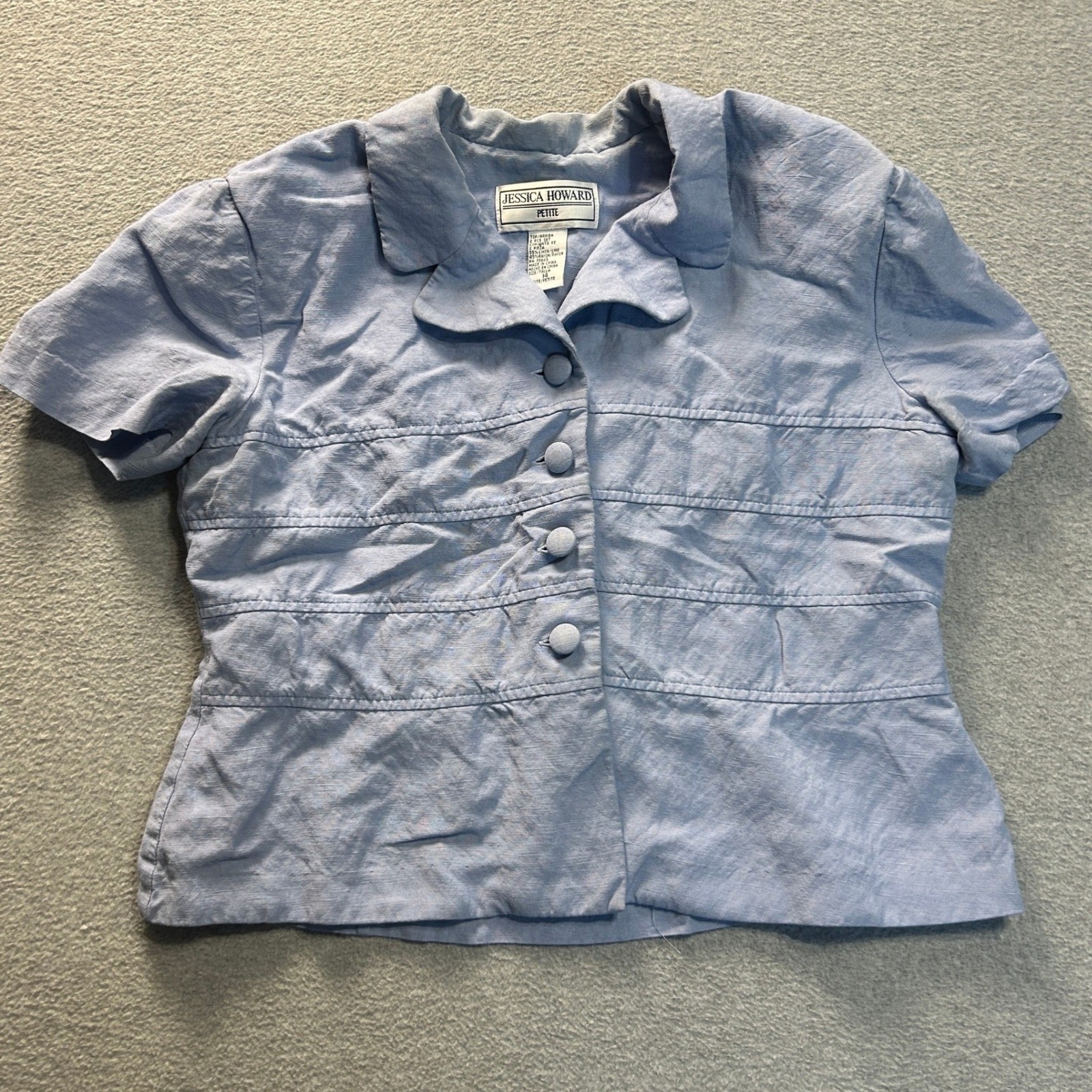 Jessica Howard Cropped Blazer Petite 14 Blue Linen Rayon Short Sleeve Jacket