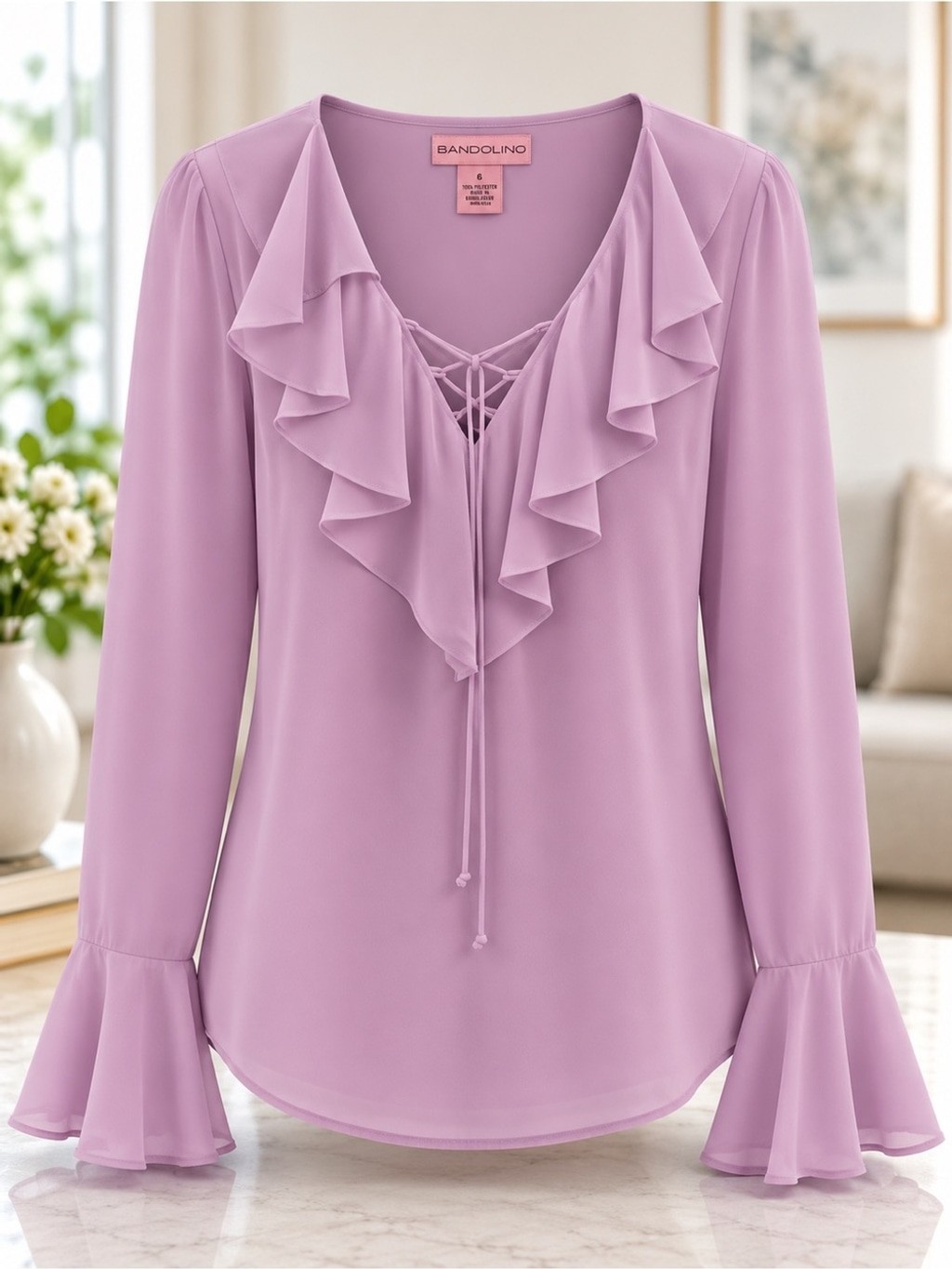 Bandolino Lavender Ruffle Lace-Up V-Neck Blouse