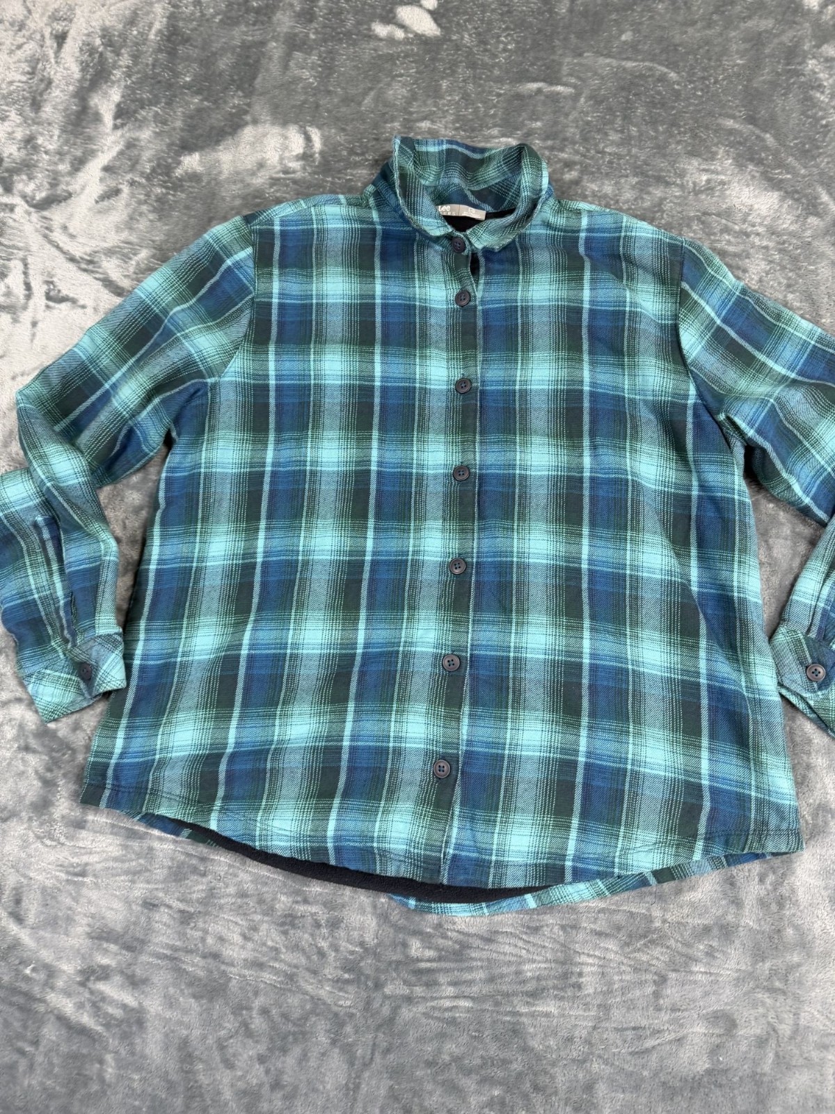 Lee Riders Womens Plaid Fleece-Lined Button-Up Shirt Green Blue LG