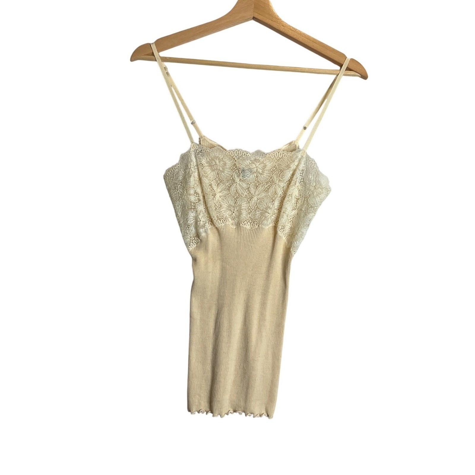 Vtg Oscalito Linen Silk Tank Top Lace RIbbed Stretch Lettuce Hem Shell Italian