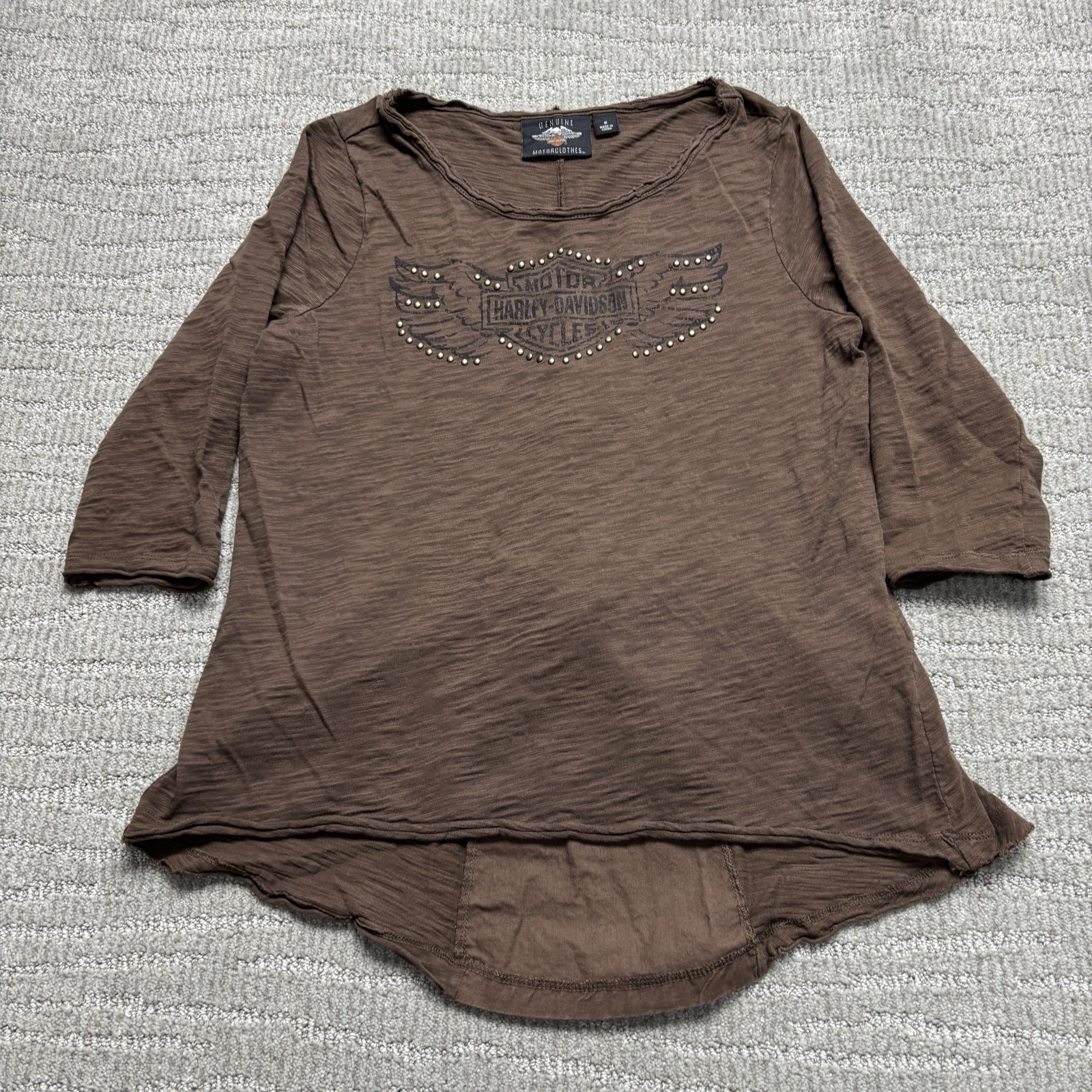 Harley-Davidson Shirt Womens Medium Brown Studded Wings 3/4 Sleeve Tunic Top