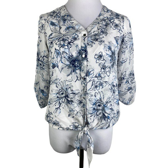 Nue Options Petite Floral Tie Waist Button Down Blouse Women’s 2P Blue White