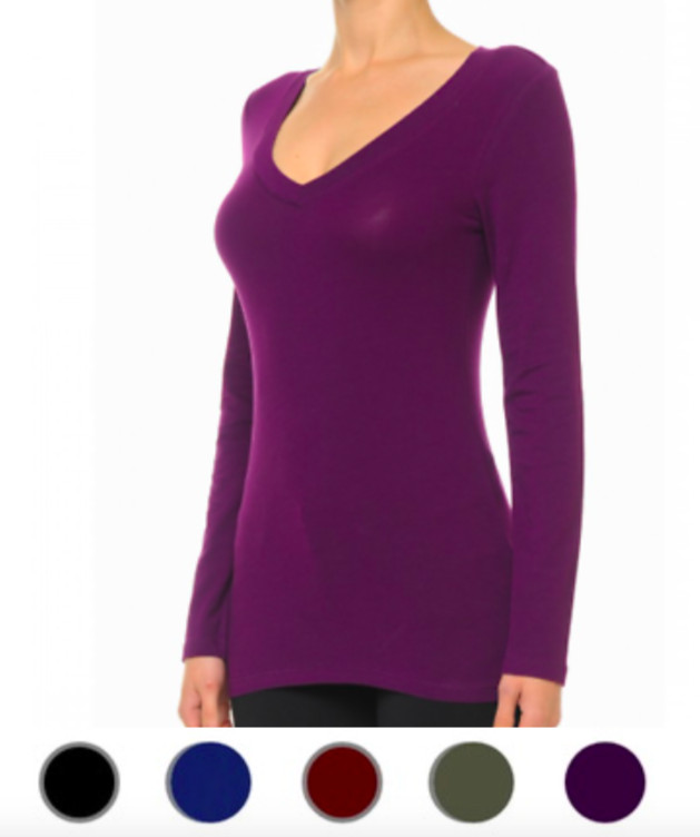 NEW Plus Size Cotton Stretch V Neck Long Sleeve Top- Ambiance- L/XL/1X-2X-3X