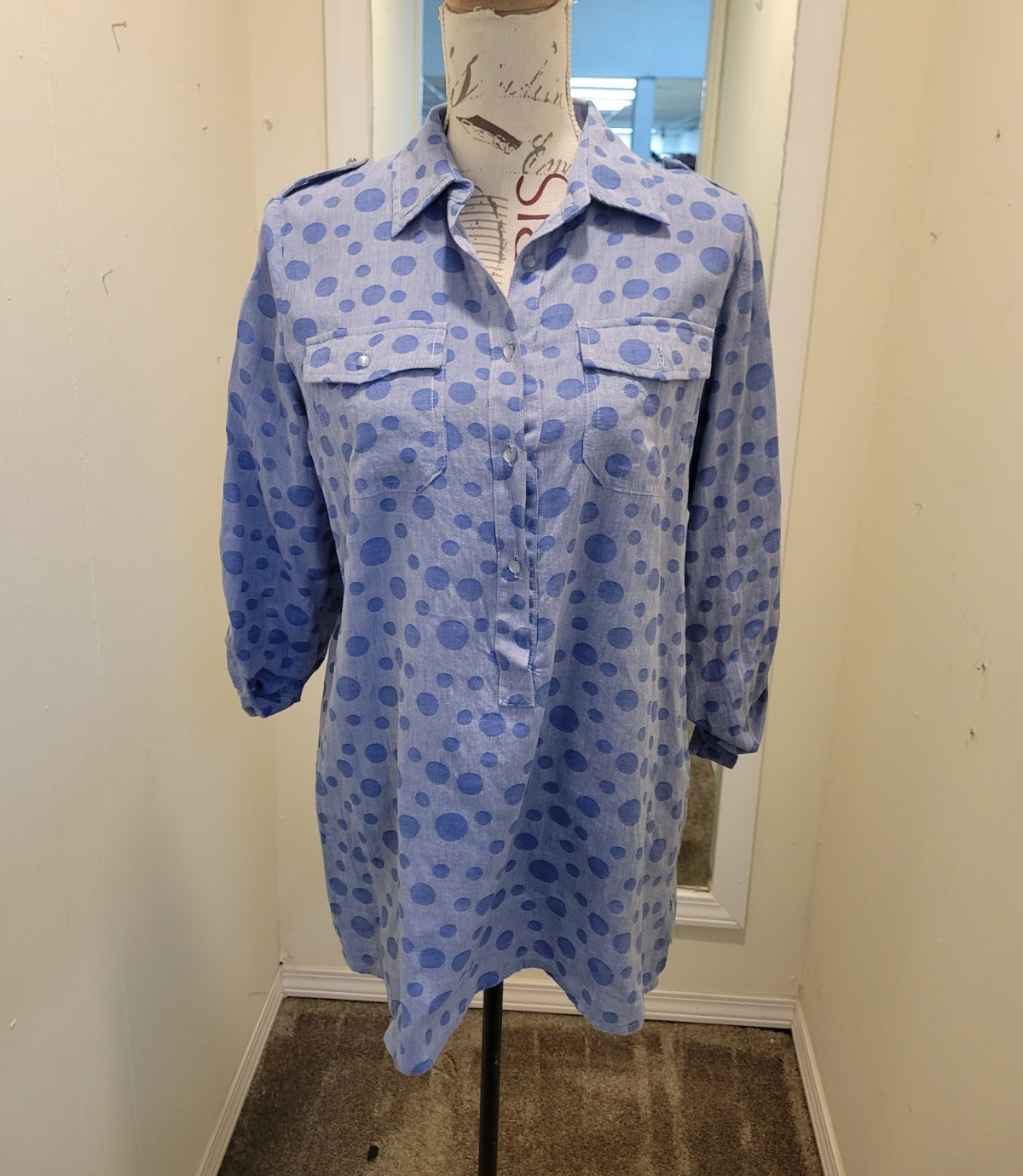 Jade Melody Tam Blue Polka Dot Button-Up Collared 3/4 Sleeve Tunic Cotton M