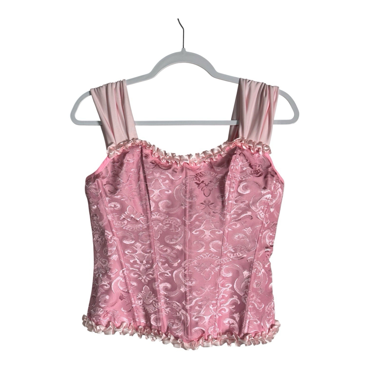 Pink Renaissance Jacquard Corset Top Lace Up Back Ruffle Trim Romantic Sz Large