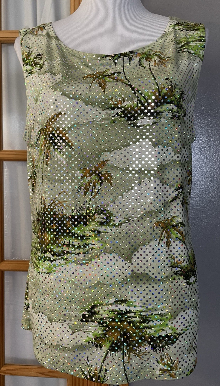 90s Stella Tropical Tank Top Sz L Metallic Foil Taupe Green Palm Trees USA Made