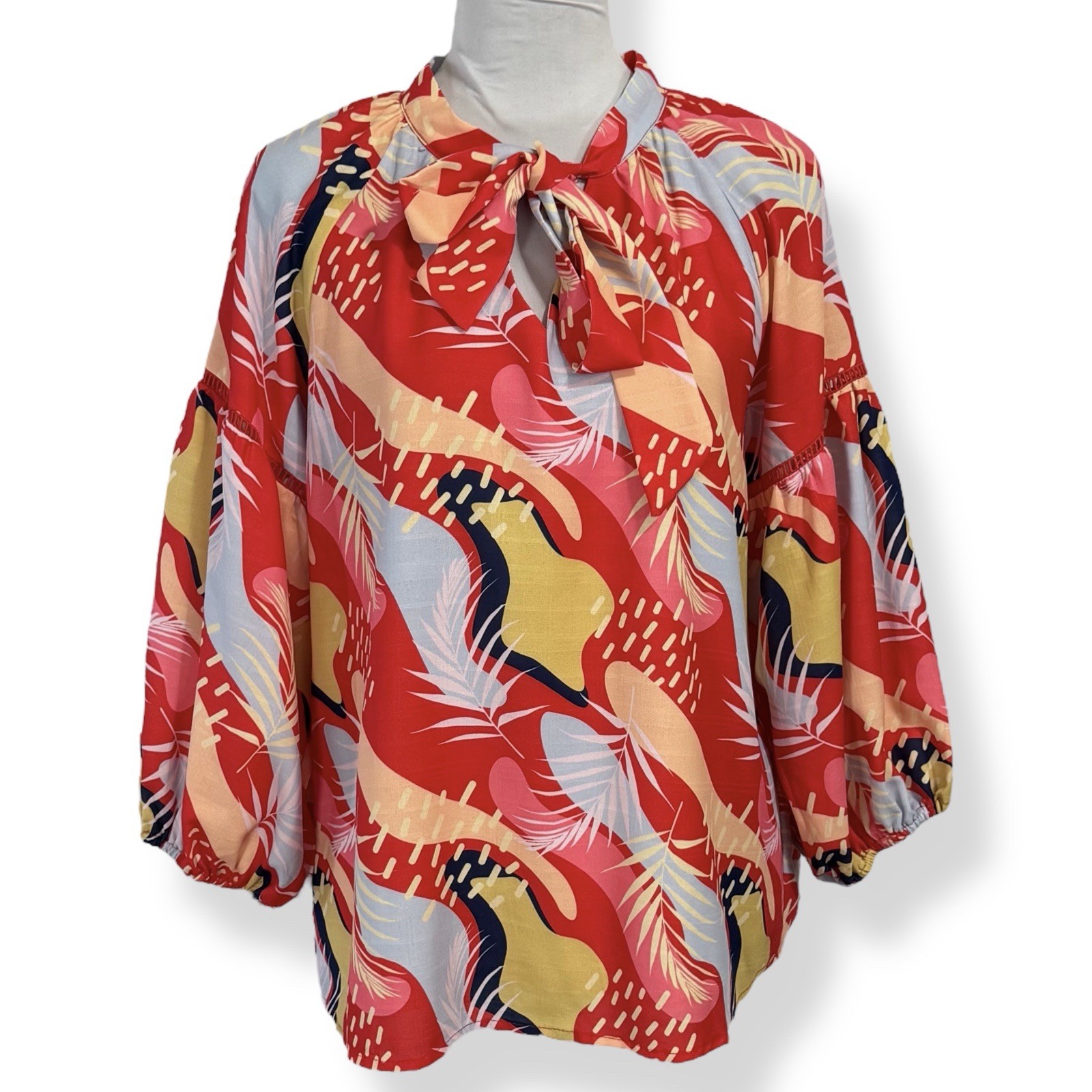 Jade Melody Tam Colorful Tie Neck Blouse Size S Balloon Sleeves Mod Embroidered