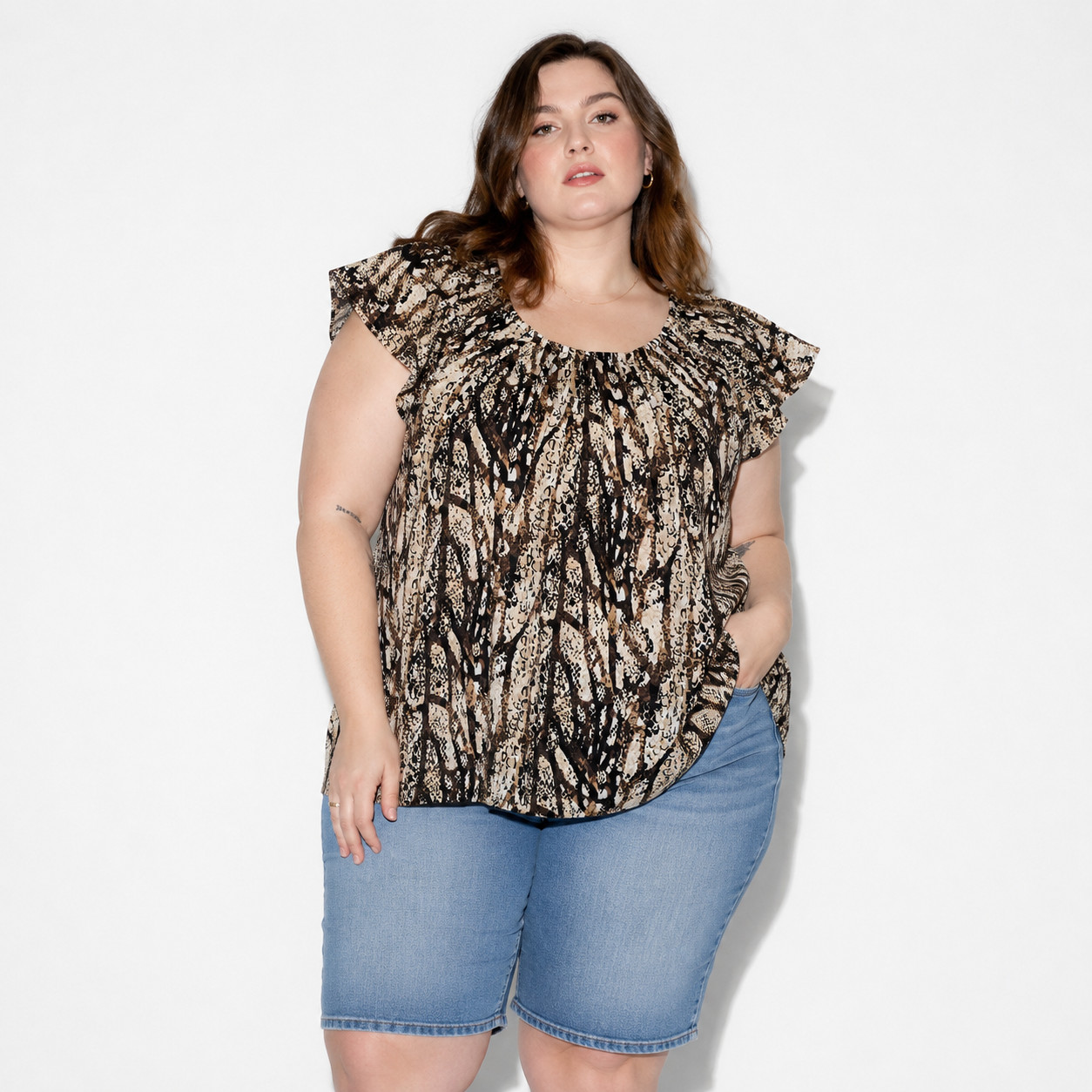 Style & Co Basic Woman’s Knit Blouse Plus 1X Animal Print Pleated Flutter Sleeve