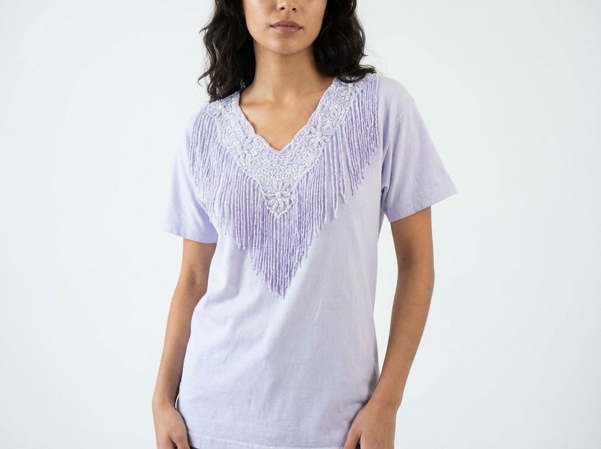 Cactus Floral Top Embellished Fringe Lavender Sz L Womens T Shirt Western Casual