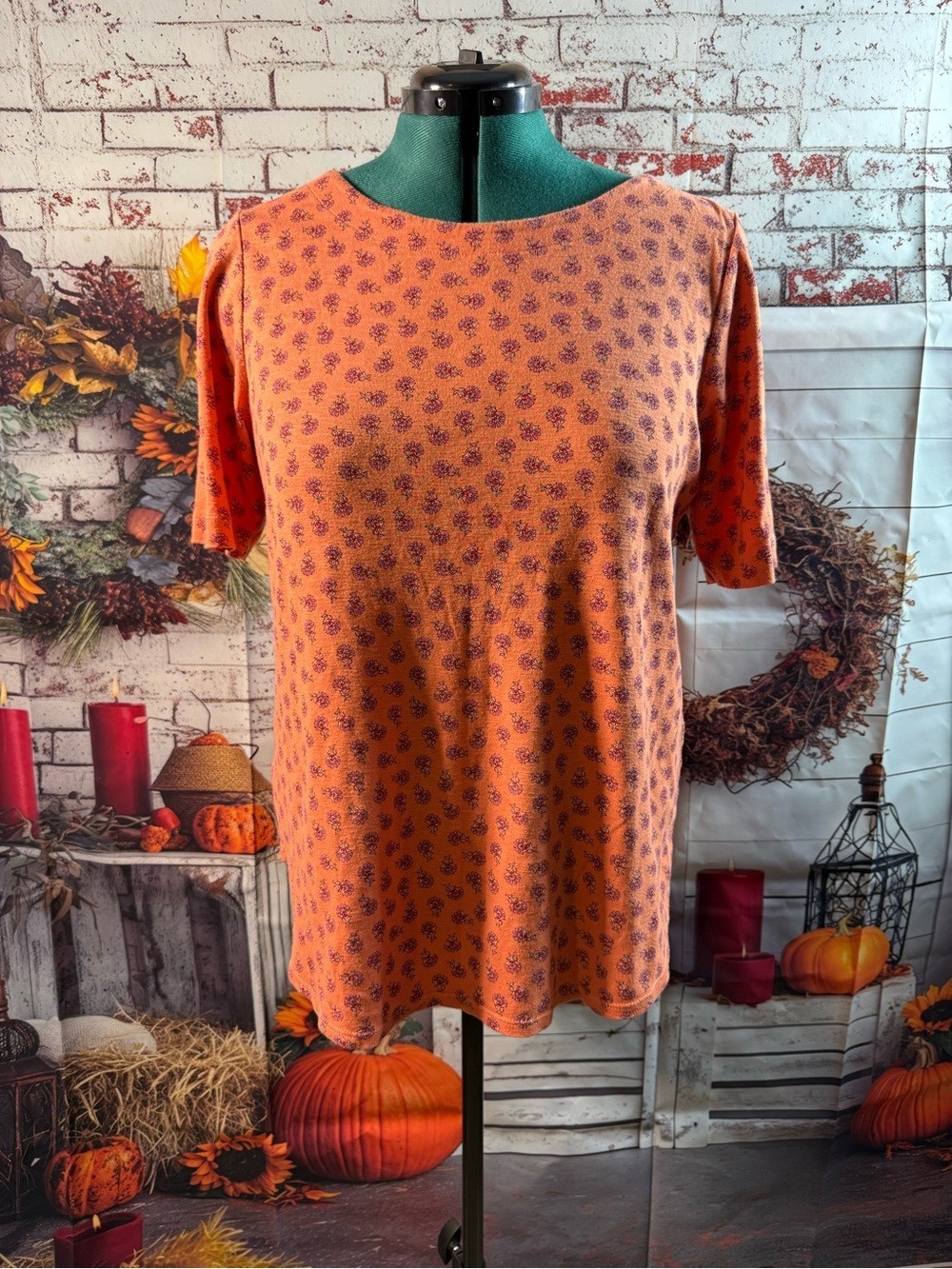 176-J. Jill Pumpkin Orange Short-Sleeve Tee with Micro Floral Print