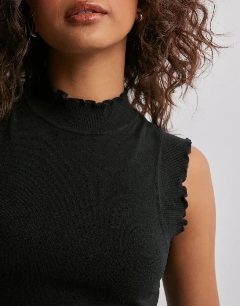Vero Moda Sleeveless Black Knit High Neck Top Ruffle Trim Neck/Arm/Hem Small