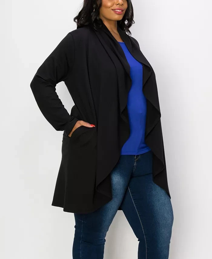 COIN 1804 COIN 1804 Plus Size Draped Flyway Cardigan Duster Knit Top Black 1X