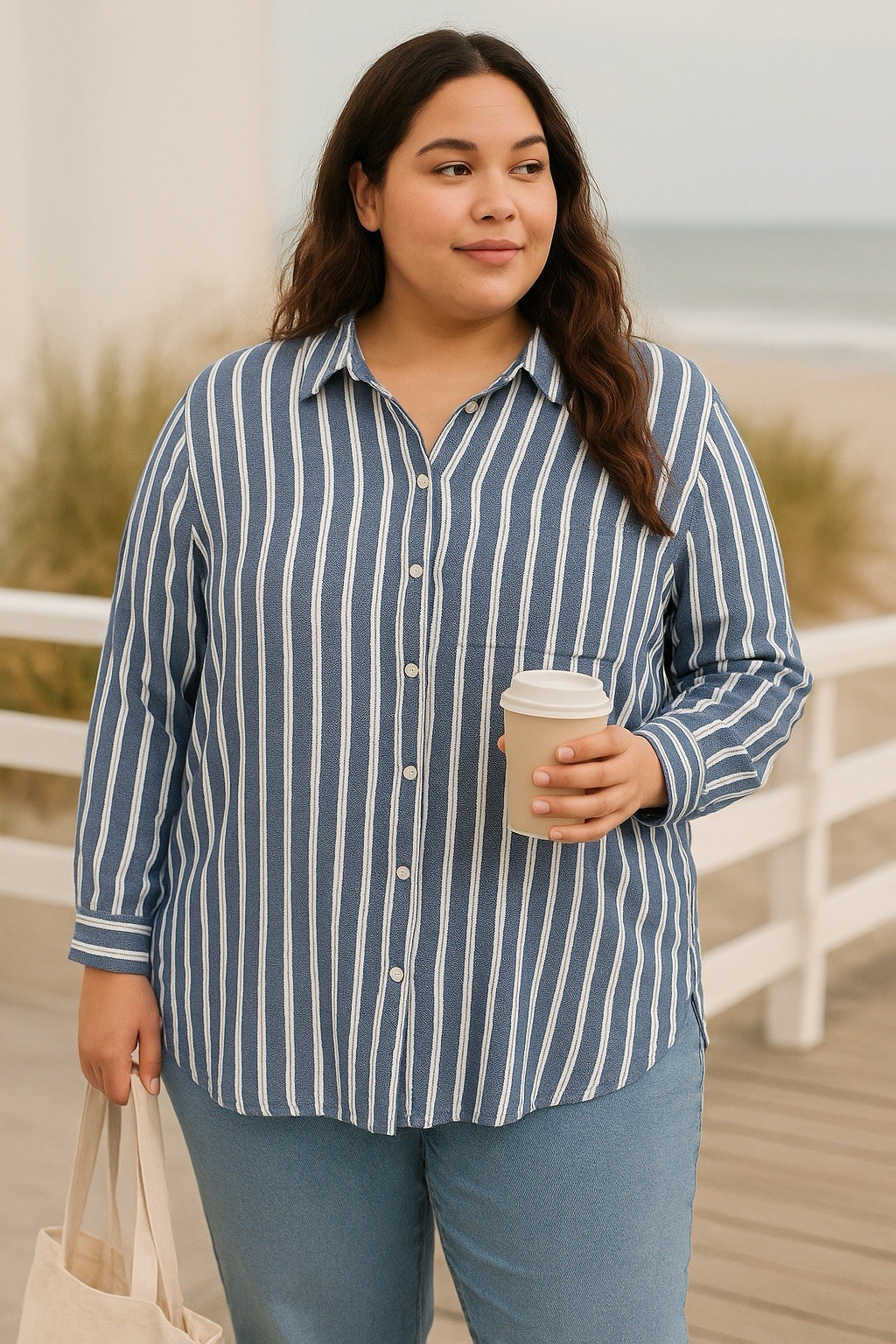 Como Blu Shirt Womens 3X Blue Stripe Button Down Classic Preppy Casual Top