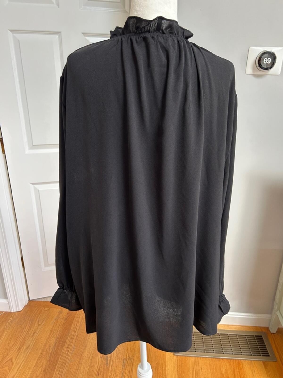 BloomChic Black Gathered-Ruffle Neck Long Sleeve Blouse